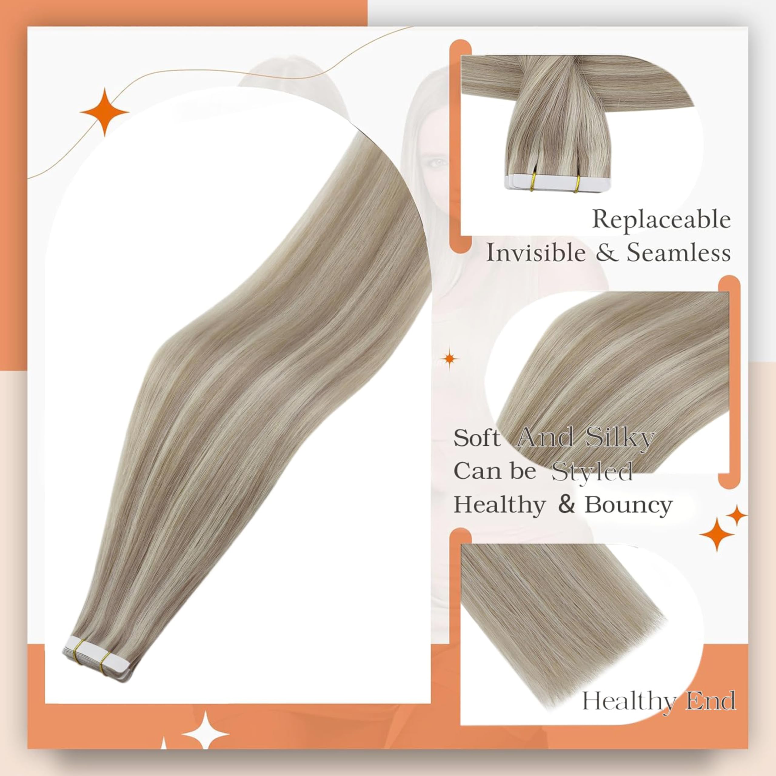 Foto 2 | Extensiones De Cabello Humano Con Cinta Adhesiva, Brillo Completo, 60 Cm, 50 G, Rubio Ceniza - Venta Internacional.