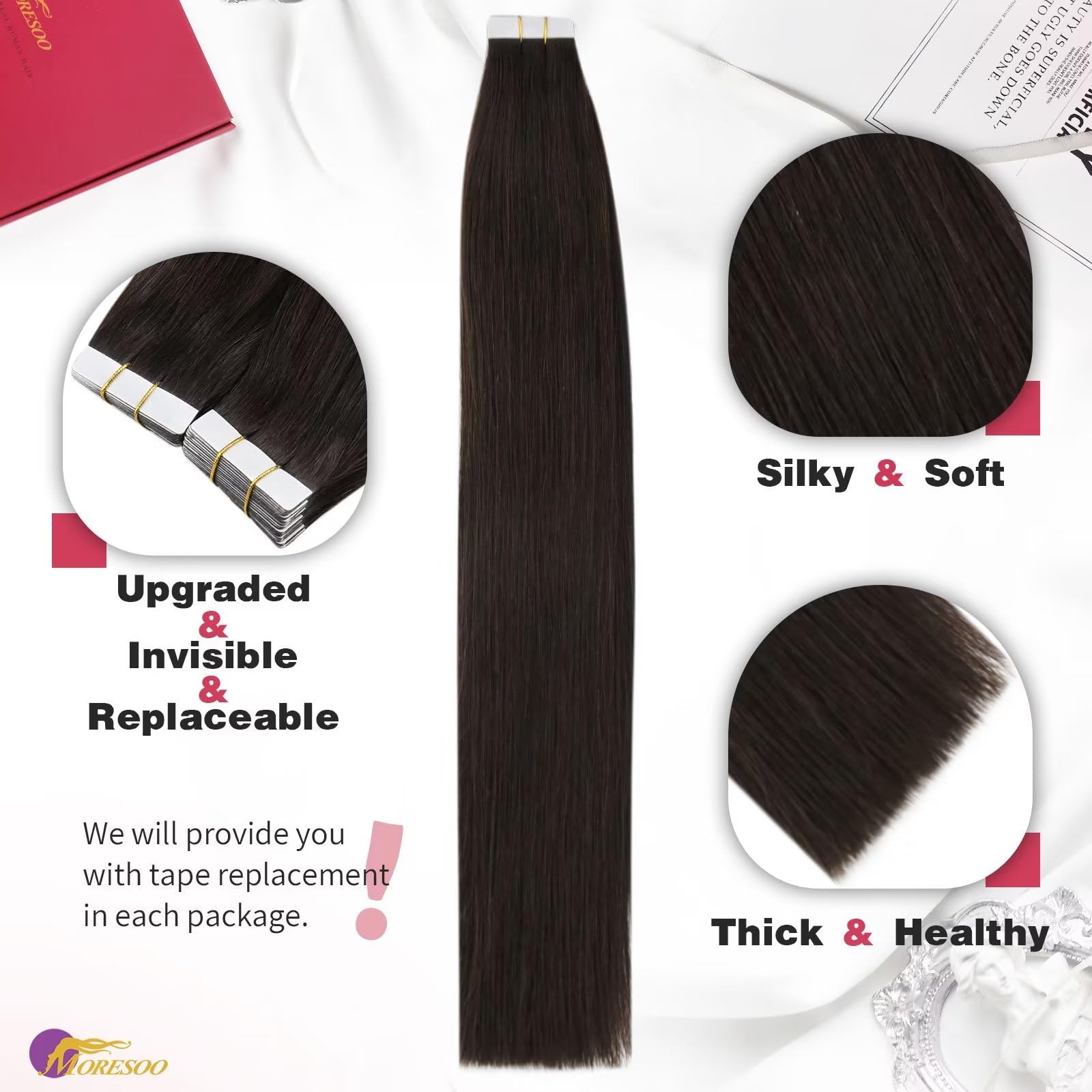 Foto 2 | Extensiones De Cabello Moresoo Tape En Cabello Humano Castaño Más Oscuro - Venta Internacional.