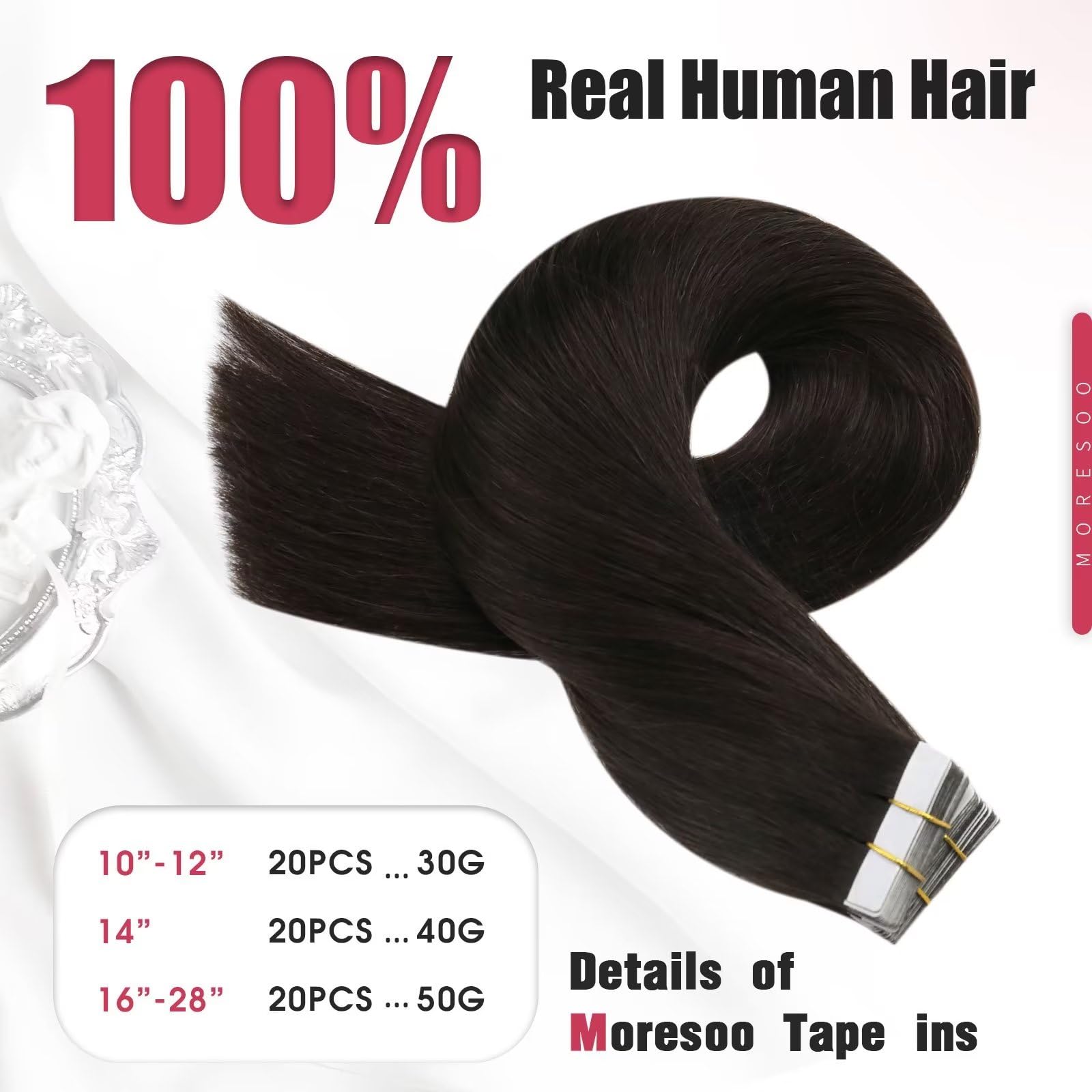 Foto 4 | Extensiones De Cabello Moresoo Tape En Cabello Humano Castaño Más Oscuro - Venta Internacional.