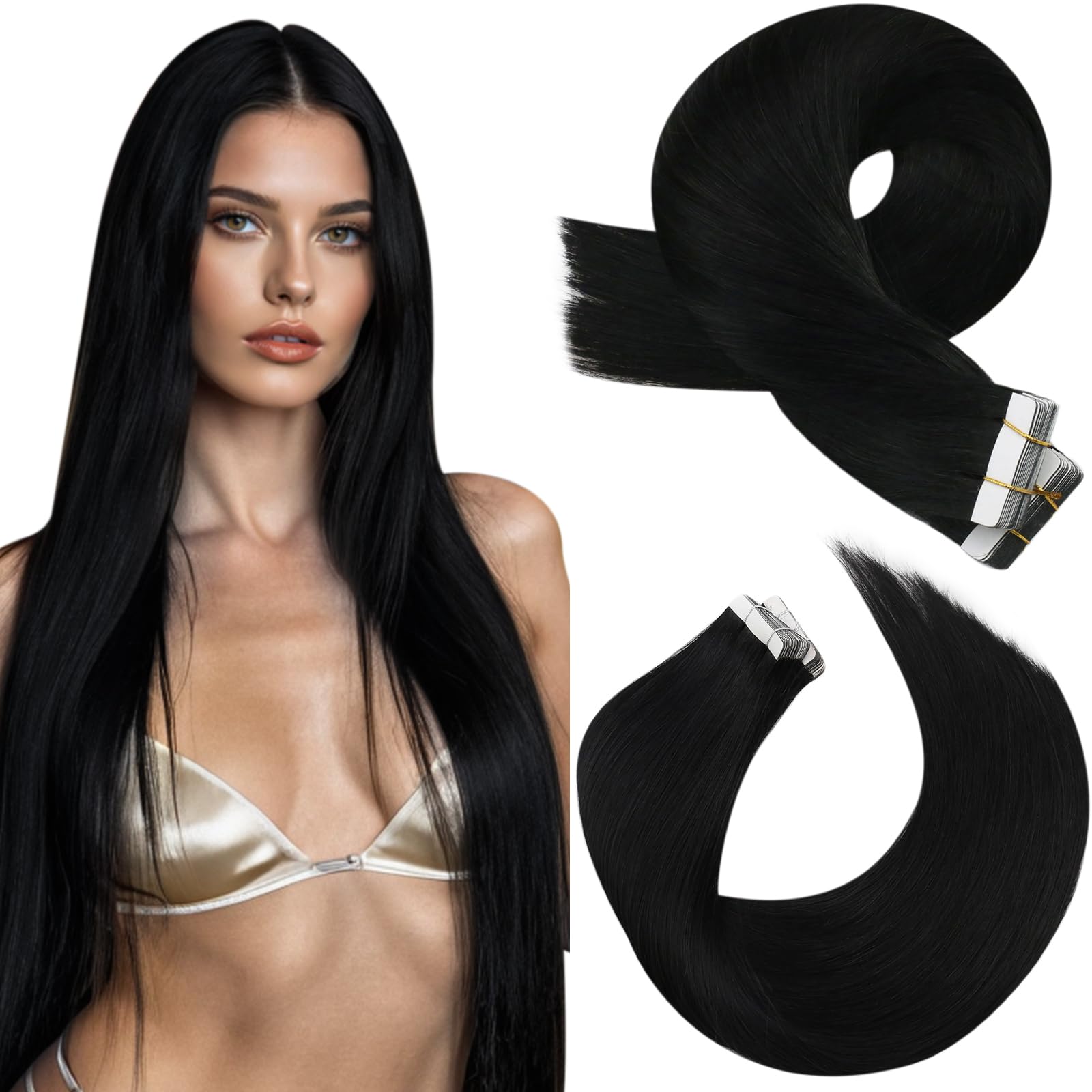Foto 1 | Extensiones De Cabello Humano Moresoo, 35 Cm, Negro, Con Cinta Adhesiva, 20 Unidades - Venta Internacional.
