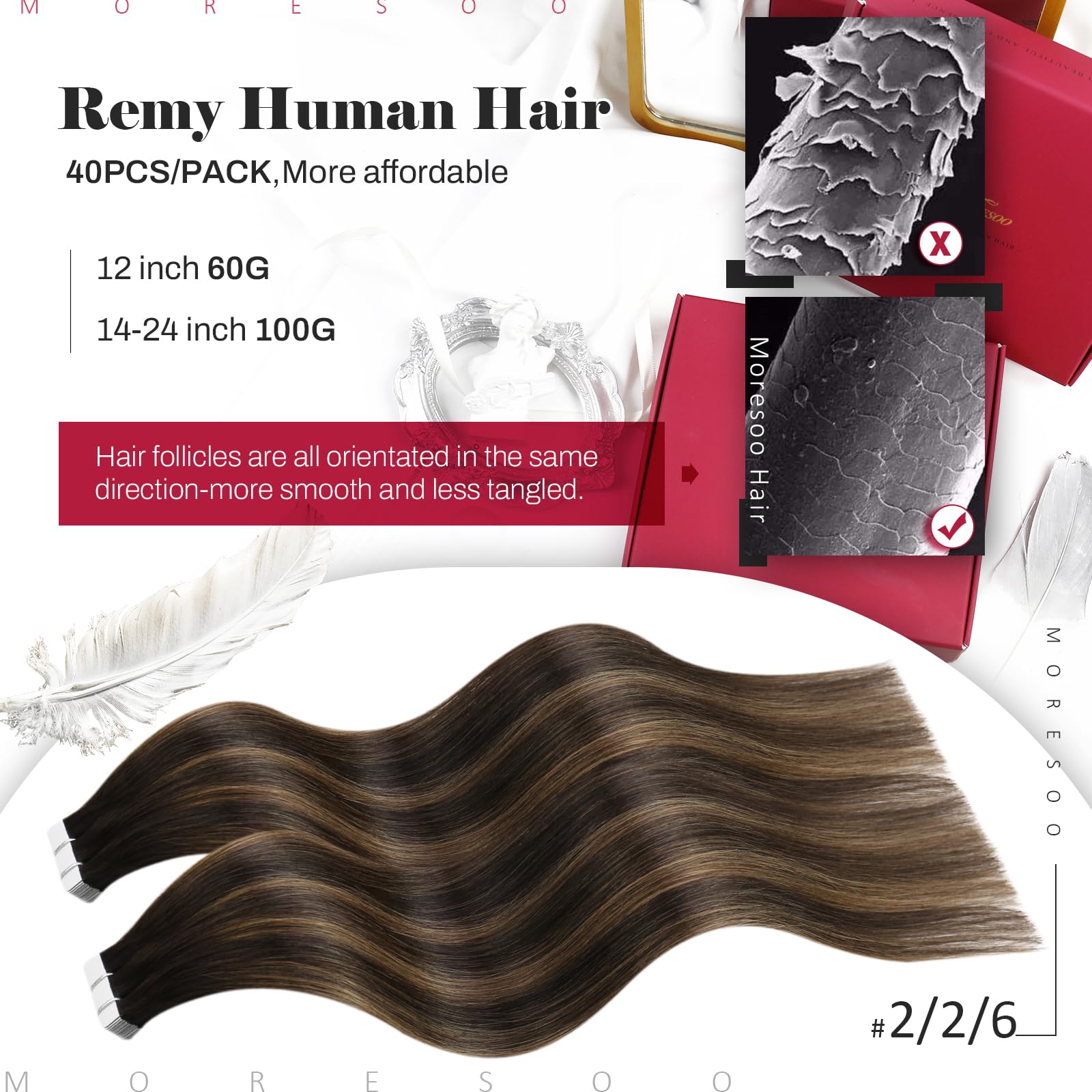 Foto 2 | Extensiones De Cabello Humano Marrón Con Cinta Adhesiva Moresoo Ombre, 30 Cm - Venta Internacional.