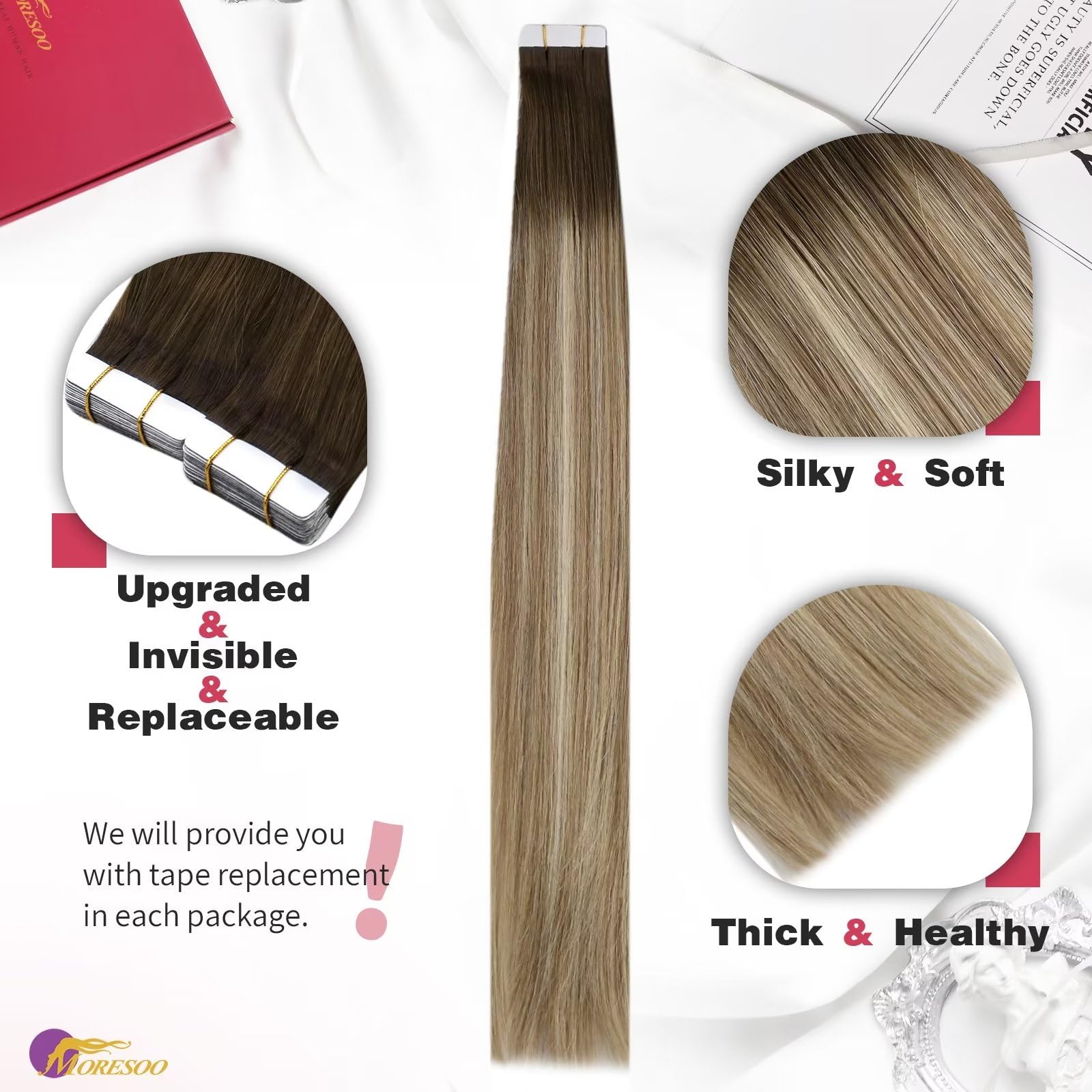 Foto 3 pulgar | Extensiones De Cabello Con Cinta Adhesiva Moresoo Balayage Marrón/castaño Claro - Venta Internacional.