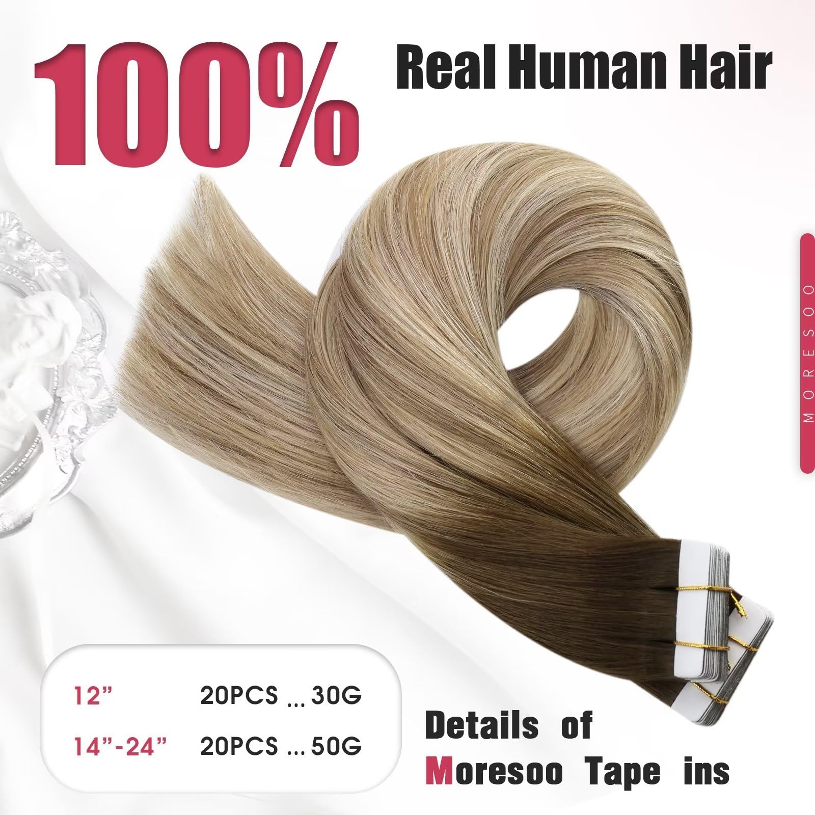 Foto 5 pulgar | Extensiones De Cabello Con Cinta Adhesiva Moresoo Balayage Marrón/castaño Claro - Venta Internacional.