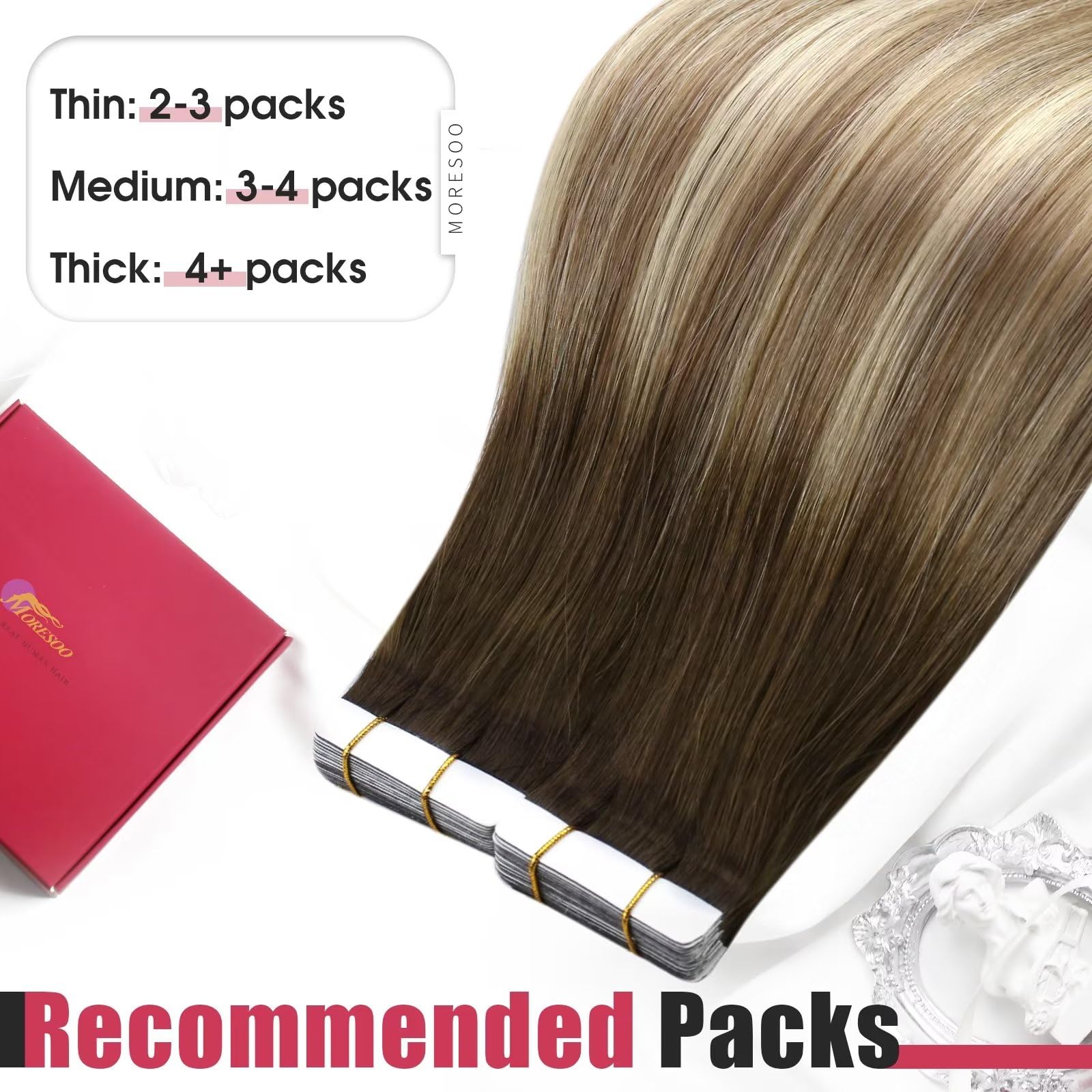 Foto 8 pulgar | Extensiones De Cabello Con Cinta Adhesiva Moresoo Balayage Marrón/castaño Claro - Venta Internacional.