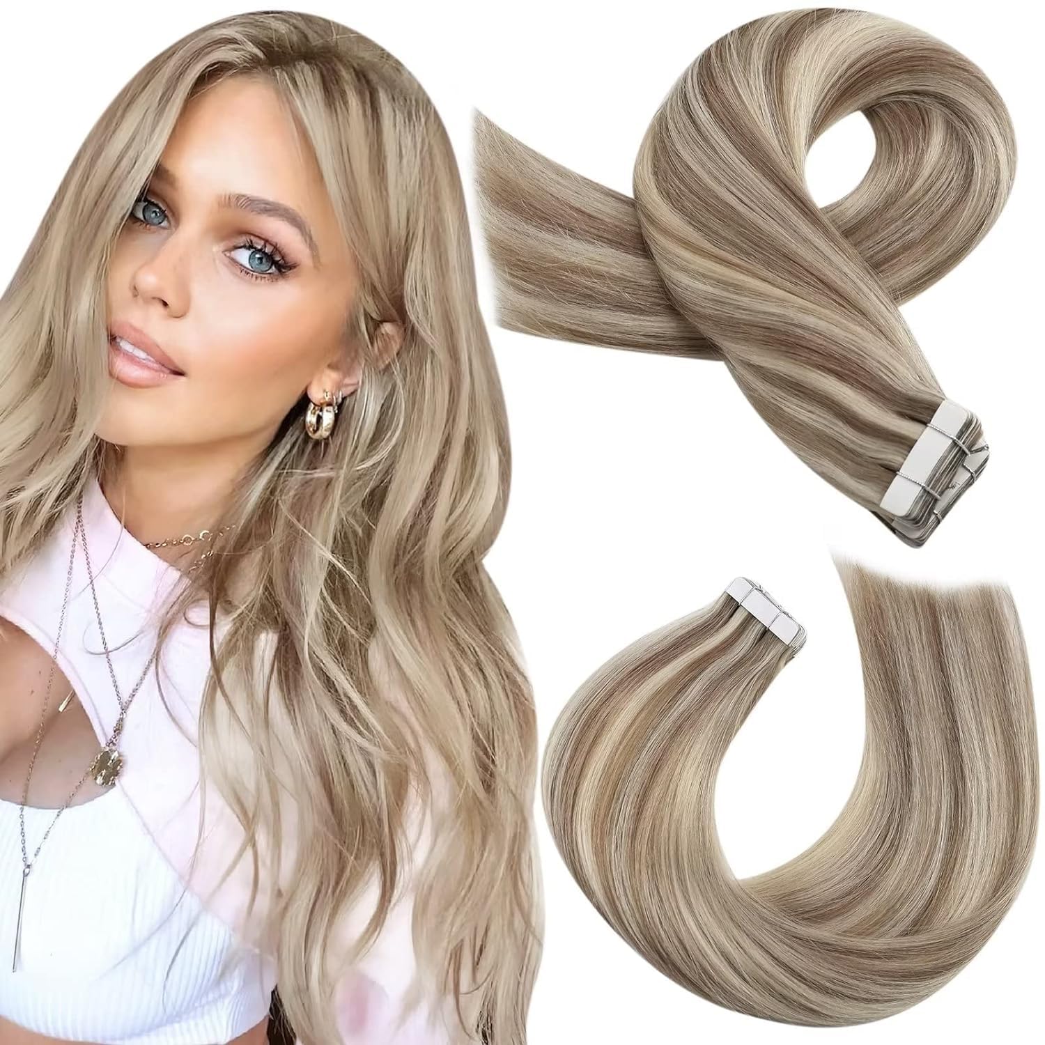 Foto 2 pulgar | Extensiones De Cabello Humano Con Cinta Adhesiva Moresoo, 50 Cm, Marrón Claro Y Rubio - Venta Internacional.