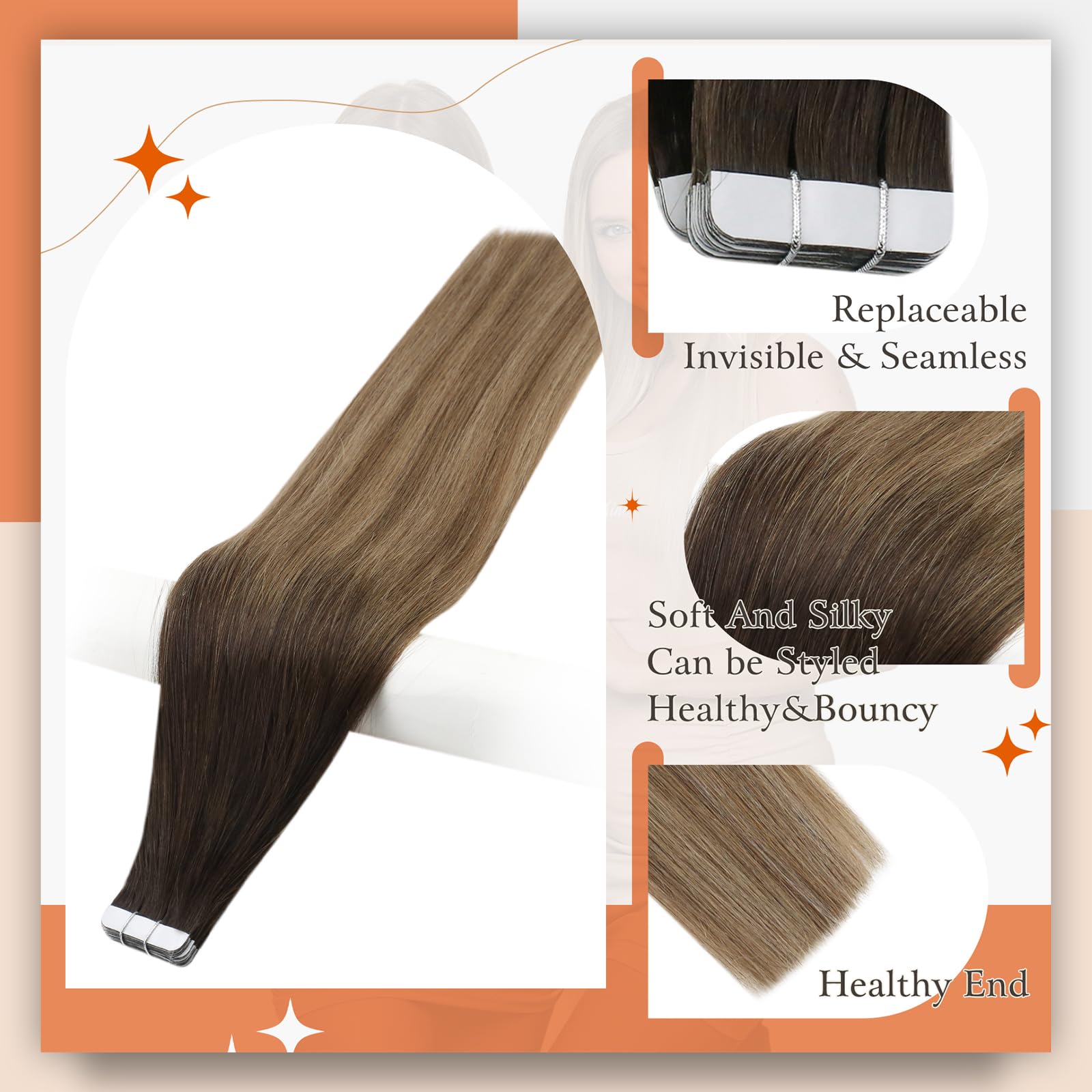 Foto 3 pulgar | Extensiones De Cabello Con Cinta Adhesiva Full Shine Balayage Human Hair - Venta Internacional.