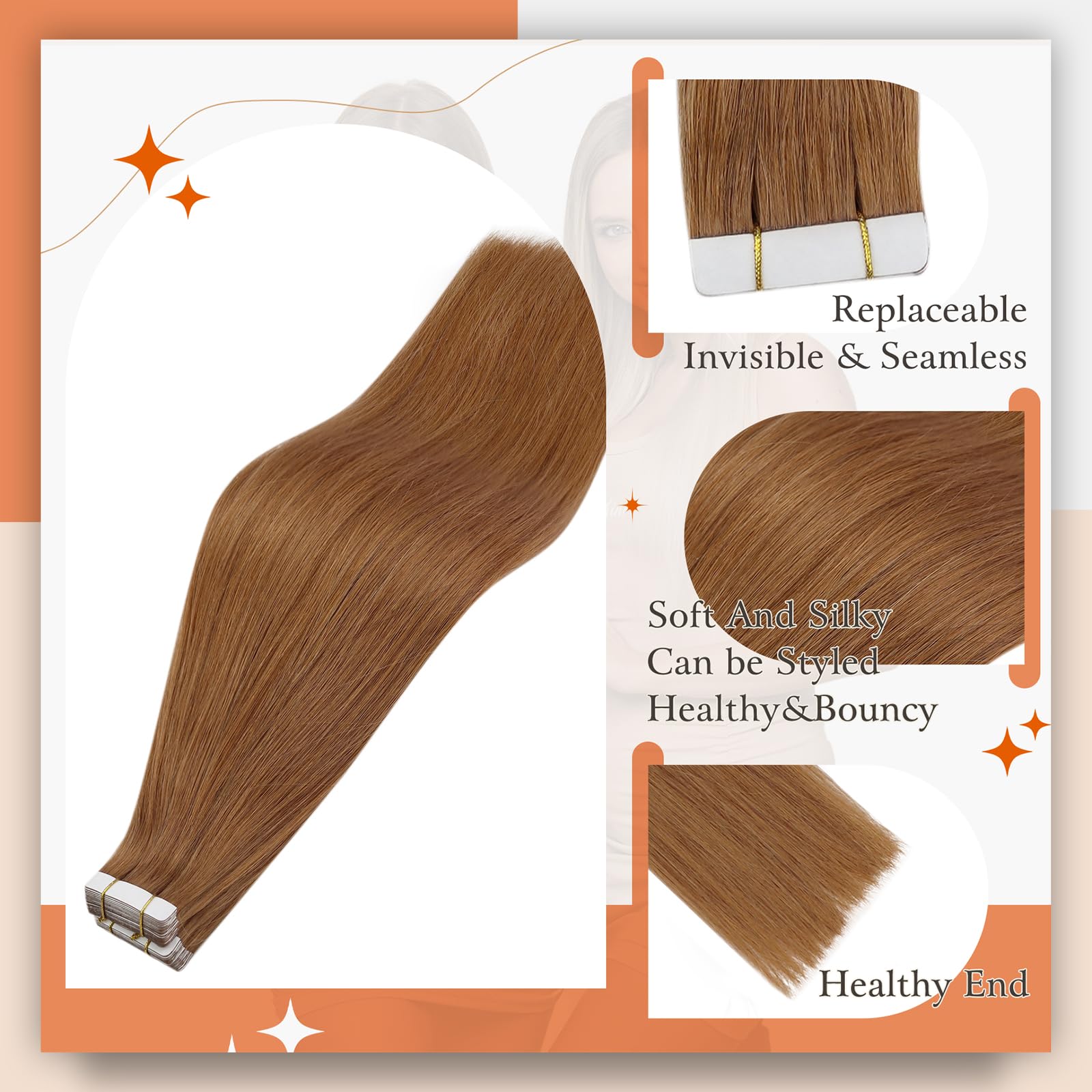 Foto 3 pulgar | Extensiones De Cabello Con Cinta Adhesiva Full Shine Color 330 Orange 14 Pulgadas - Venta Internacional.