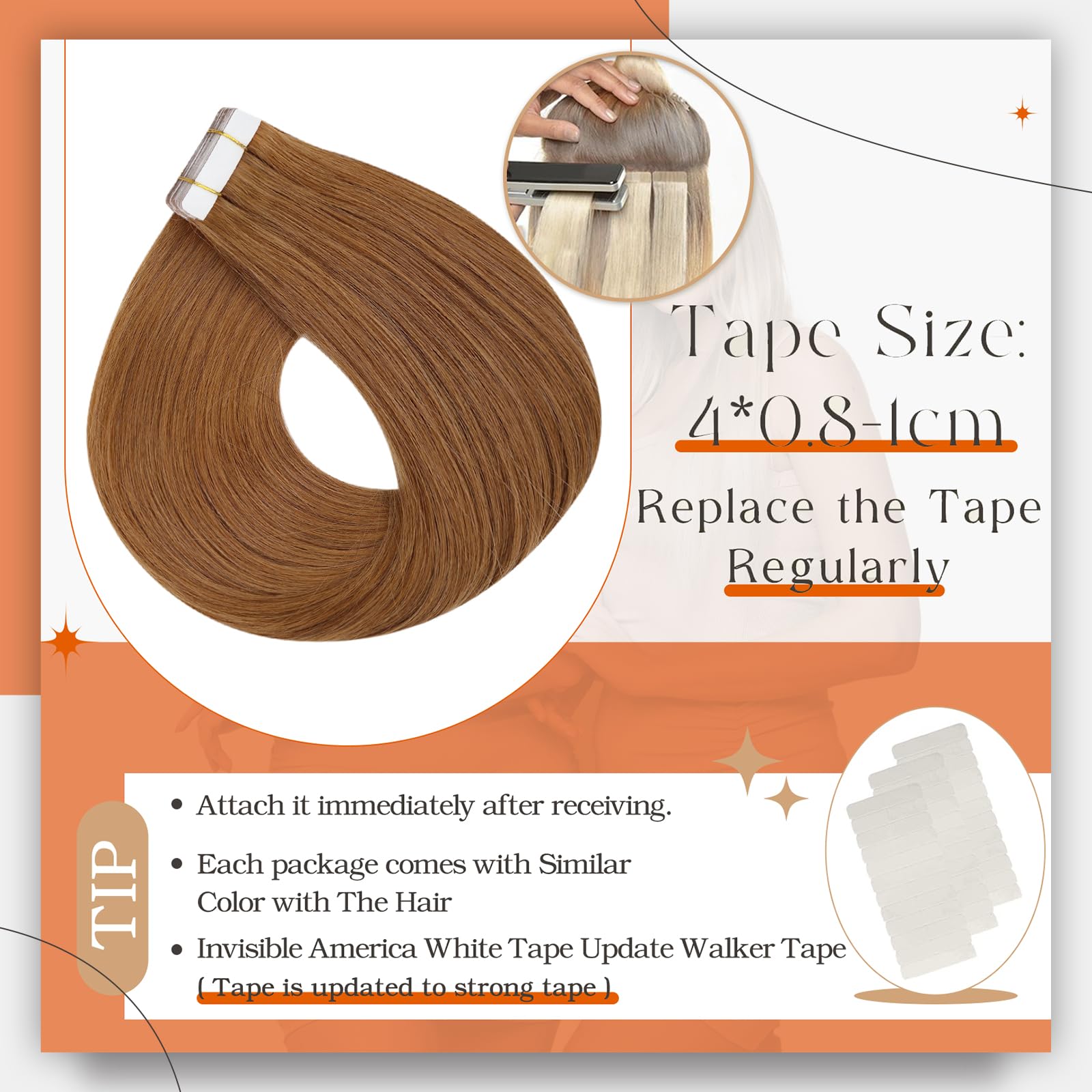 Foto 4 pulgar | Extensiones De Cabello Con Cinta Adhesiva Full Shine Color 330 Orange 14 Pulgadas - Venta Internacional.