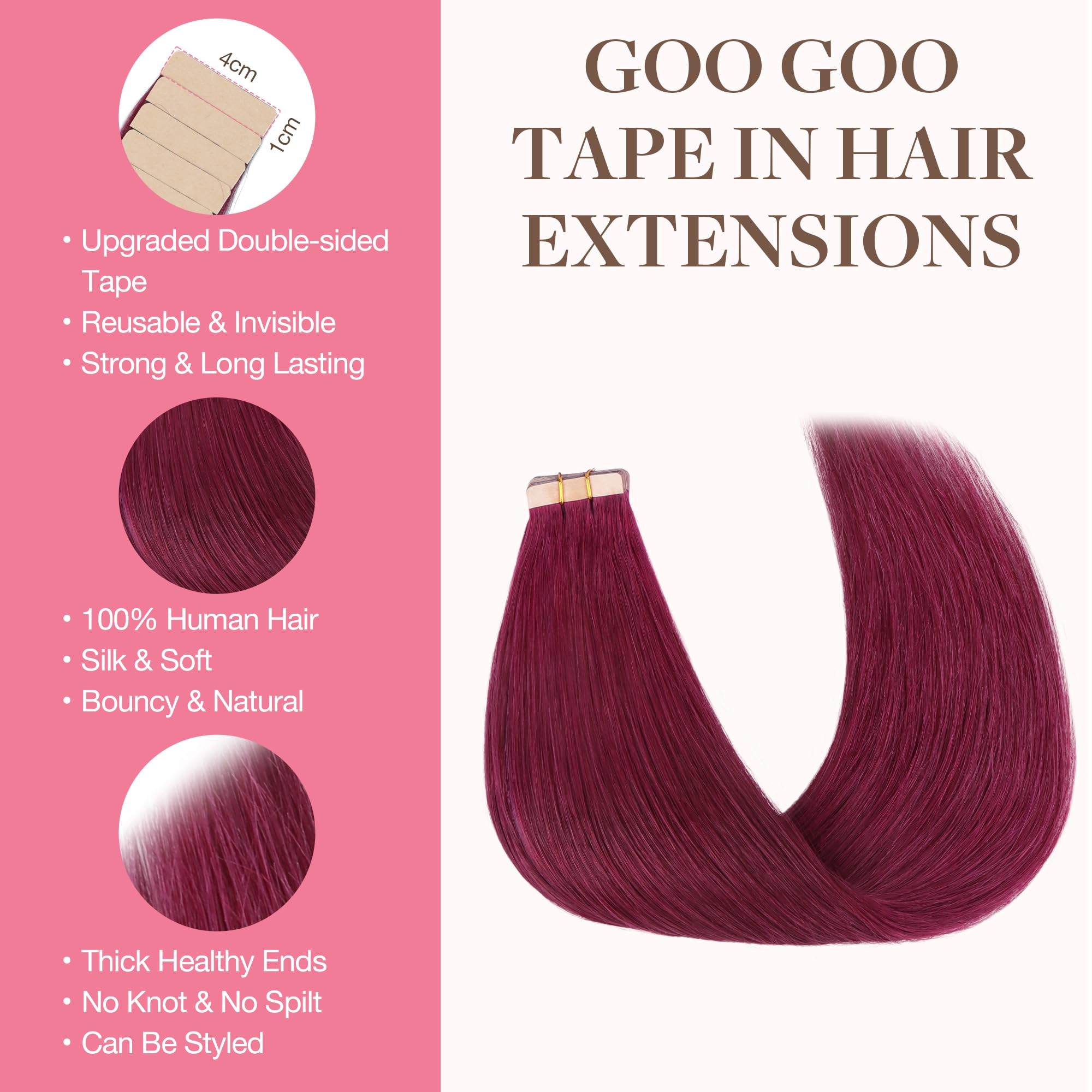 Foto 3 pulgar | Extensiones De Pelo Con Cinta Adhesiva Goo Goo Burgundy, 50 G, 20 Piezas, 50 Cm - Venta Internacional.