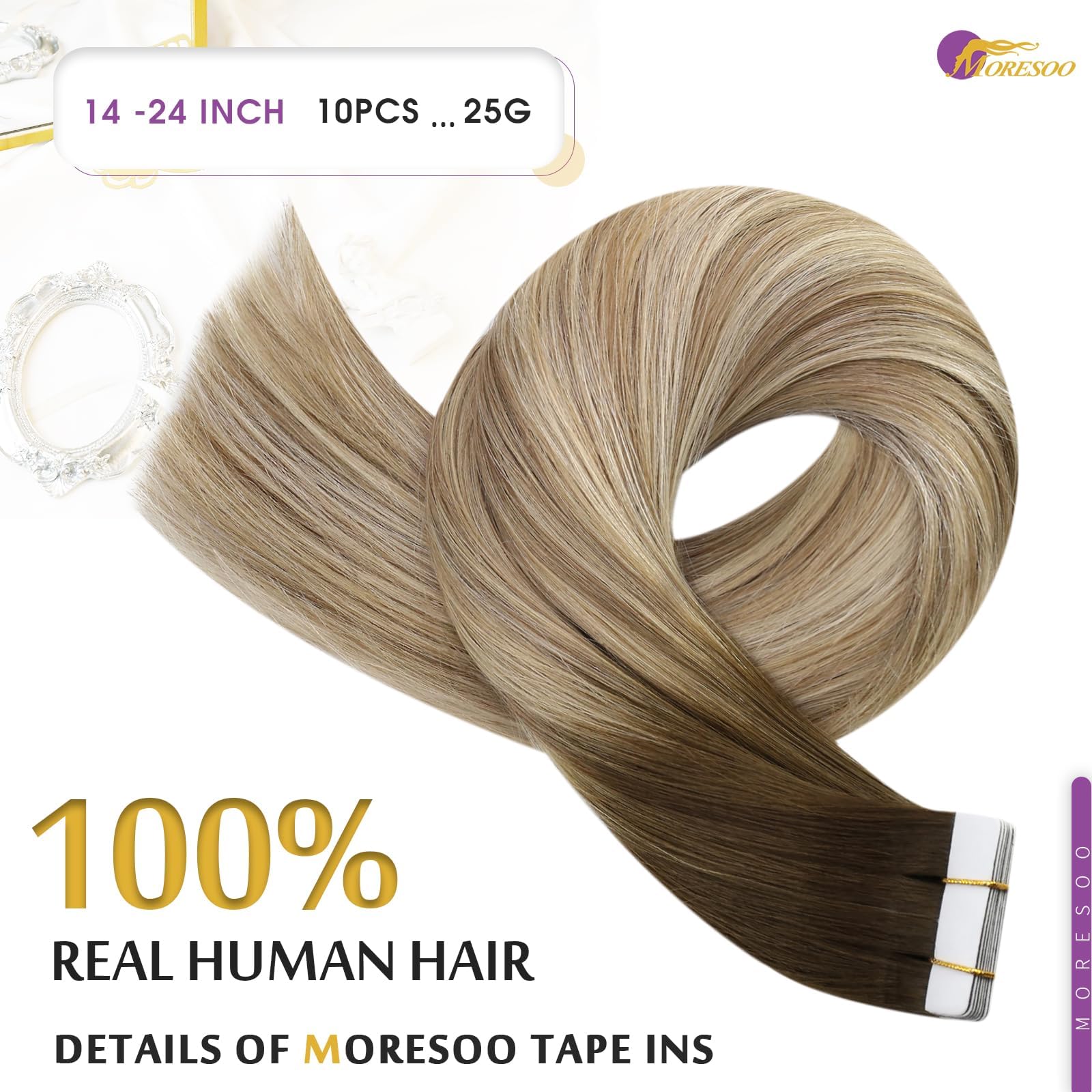 Foto 4 pulgar | Extensiones De Pelo Moresoo Con Cinta Adhesiva, 45 Cm, 10 Unidades, 25 G, #3 /8/22 - Venta Internacional.