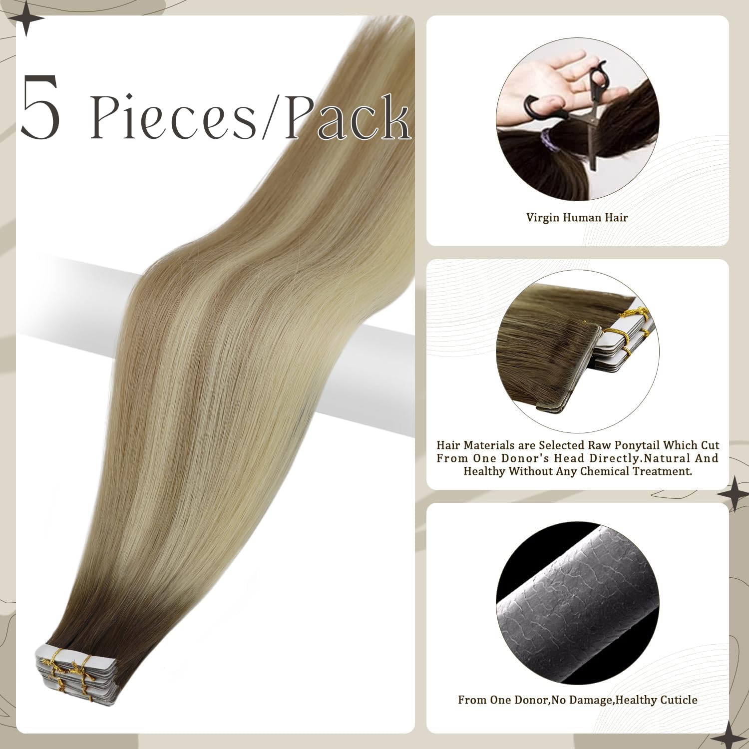 Foto 3 pulgar | Extensiones De Cabello Humano Virgen Con Cinta Adhesiva, Brillo Completo, 20 Cm - Venta Internacional.