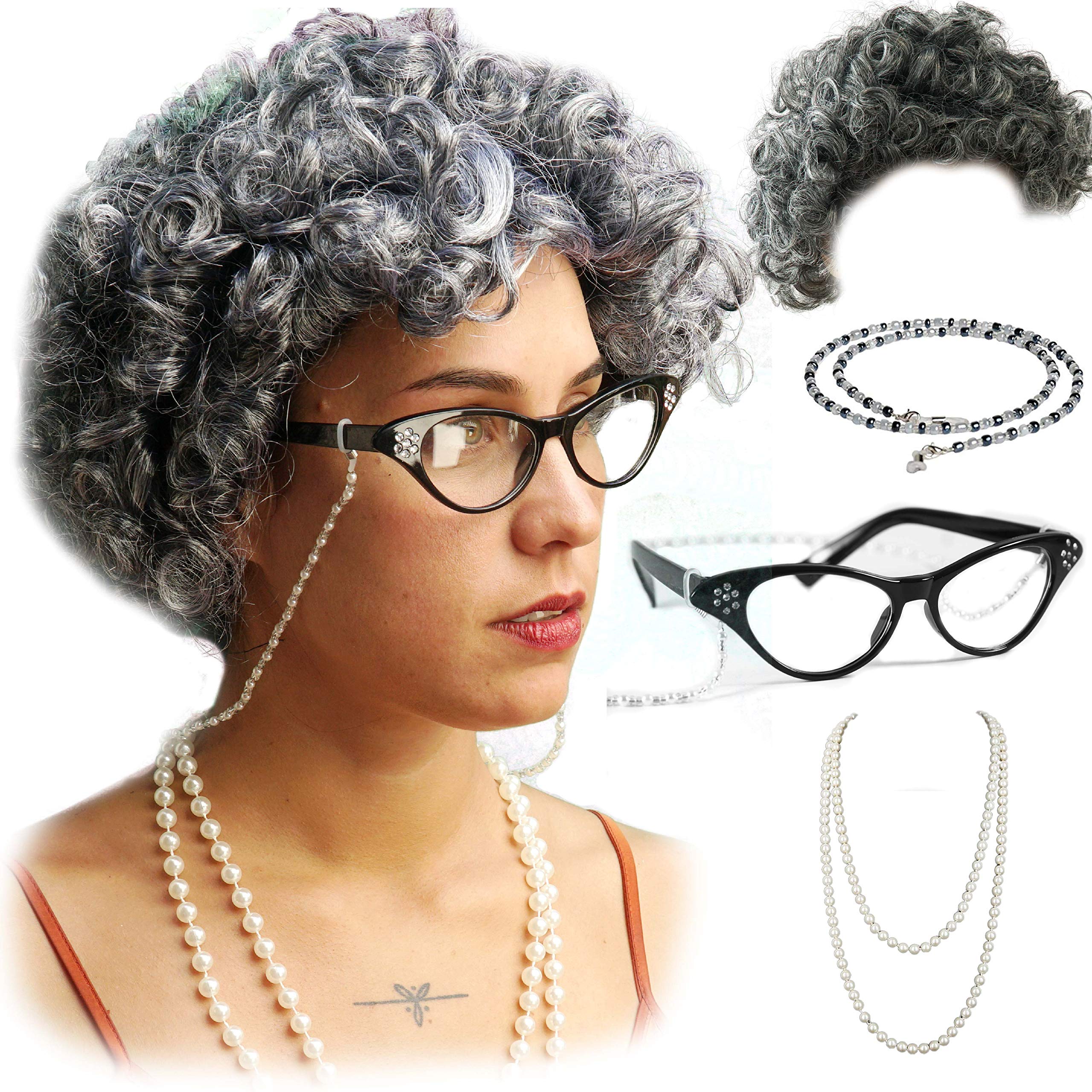 Foto 2 pulgar | Set De Cosplay Vibe Old Lady, Peluca De Pelo Gris Con Collar Y Gafas - Venta Internacional.