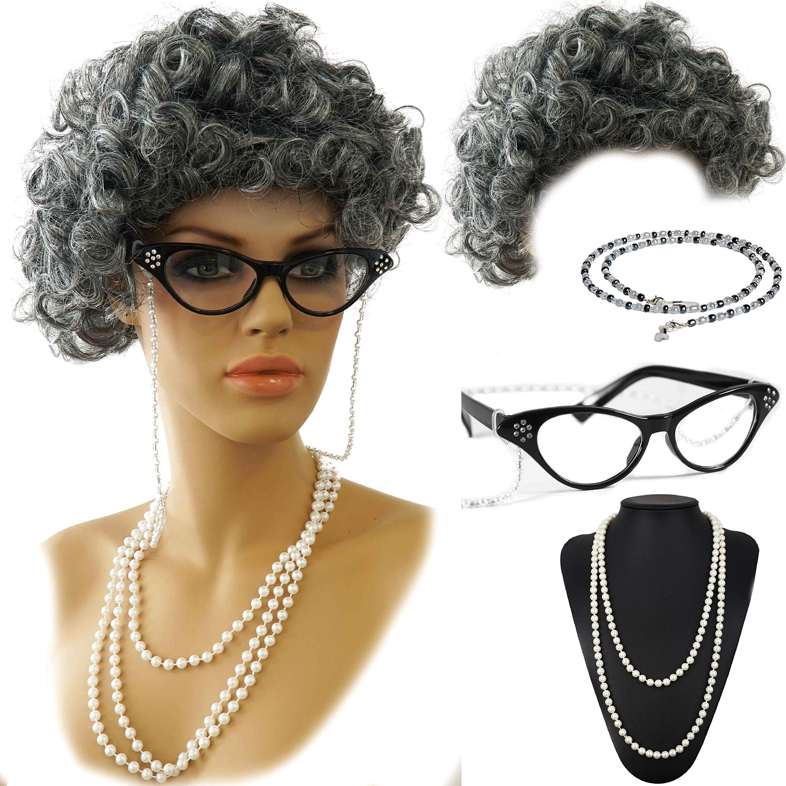 Foto 3 pulgar | Set De Cosplay Vibe Old Lady, Peluca De Pelo Gris Con Collar Y Gafas - Venta Internacional.
