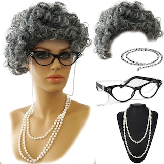 Foto 2 | Set De Cosplay Vibe Old Lady, Peluca De Pelo Gris Con Collar Y Gafas - Venta Internacional.