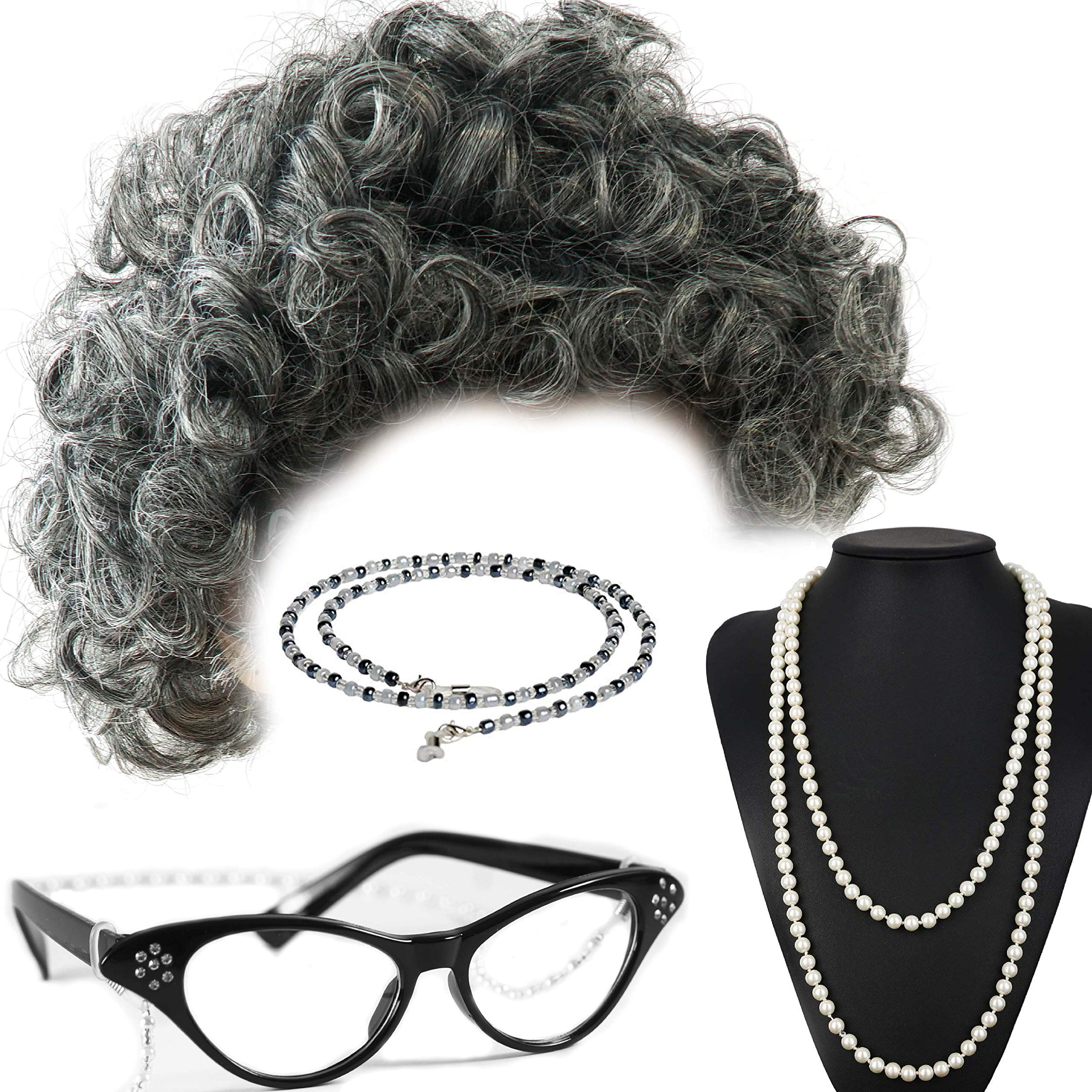 Foto 5 pulgar | Set De Cosplay Vibe Old Lady, Peluca De Pelo Gris Con Collar Y Gafas - Venta Internacional.