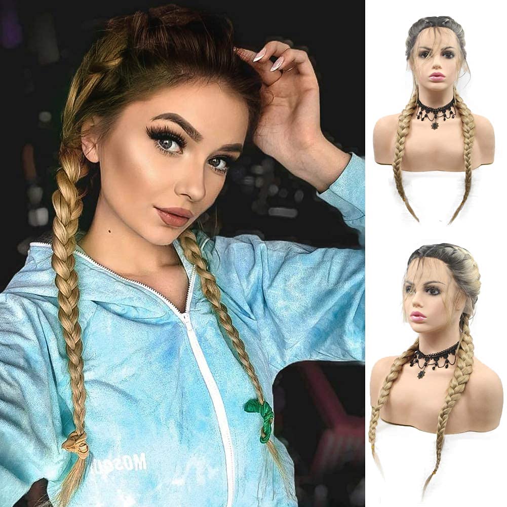 Foto 2 pulgar | Peluca Xiweiya Rubia Con Raíces Marrones, Trenzas Dobles, 24 Pulgadas, Cosplay - Venta Internacional.