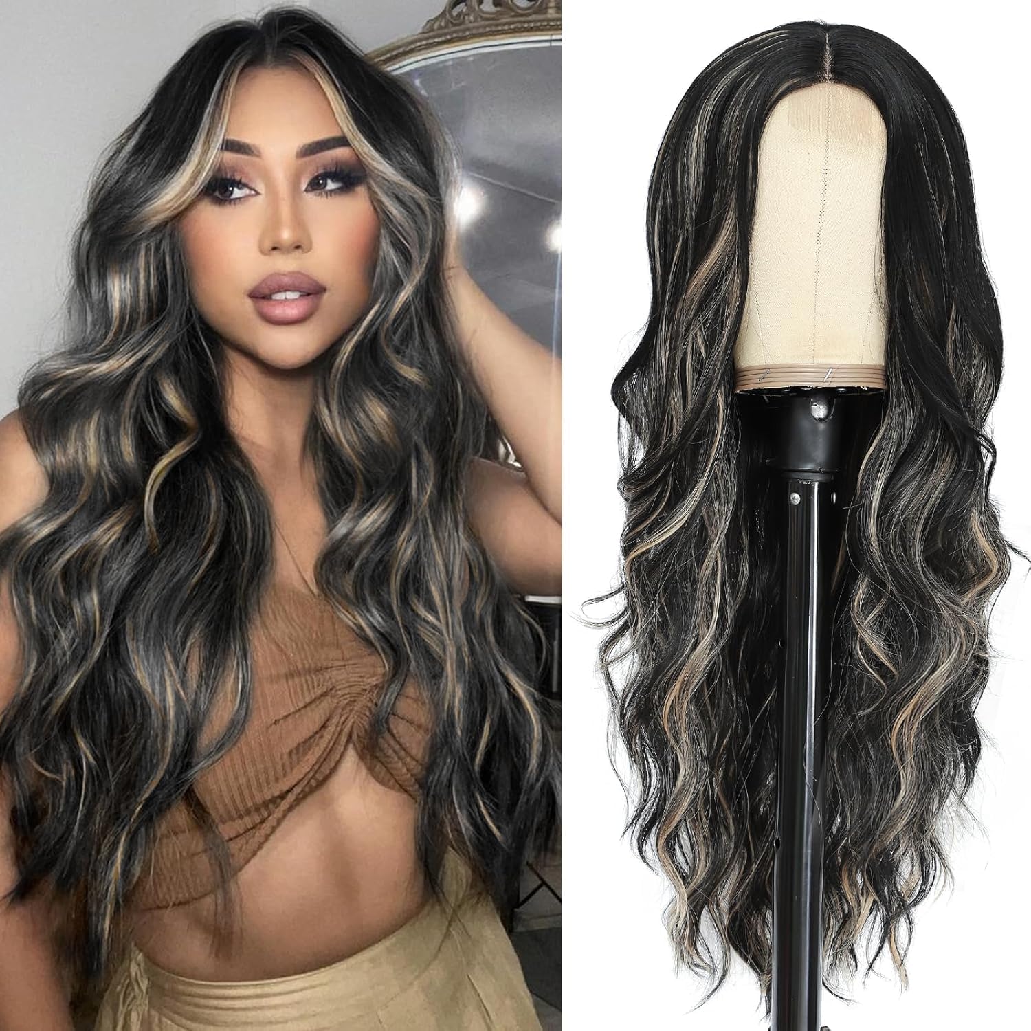 Peluca Nayoo, Larga, Ondulada, Negra, Rubia Mixta, Sintética, 66 Cm, Para Mujer - Venta Internacional. $959