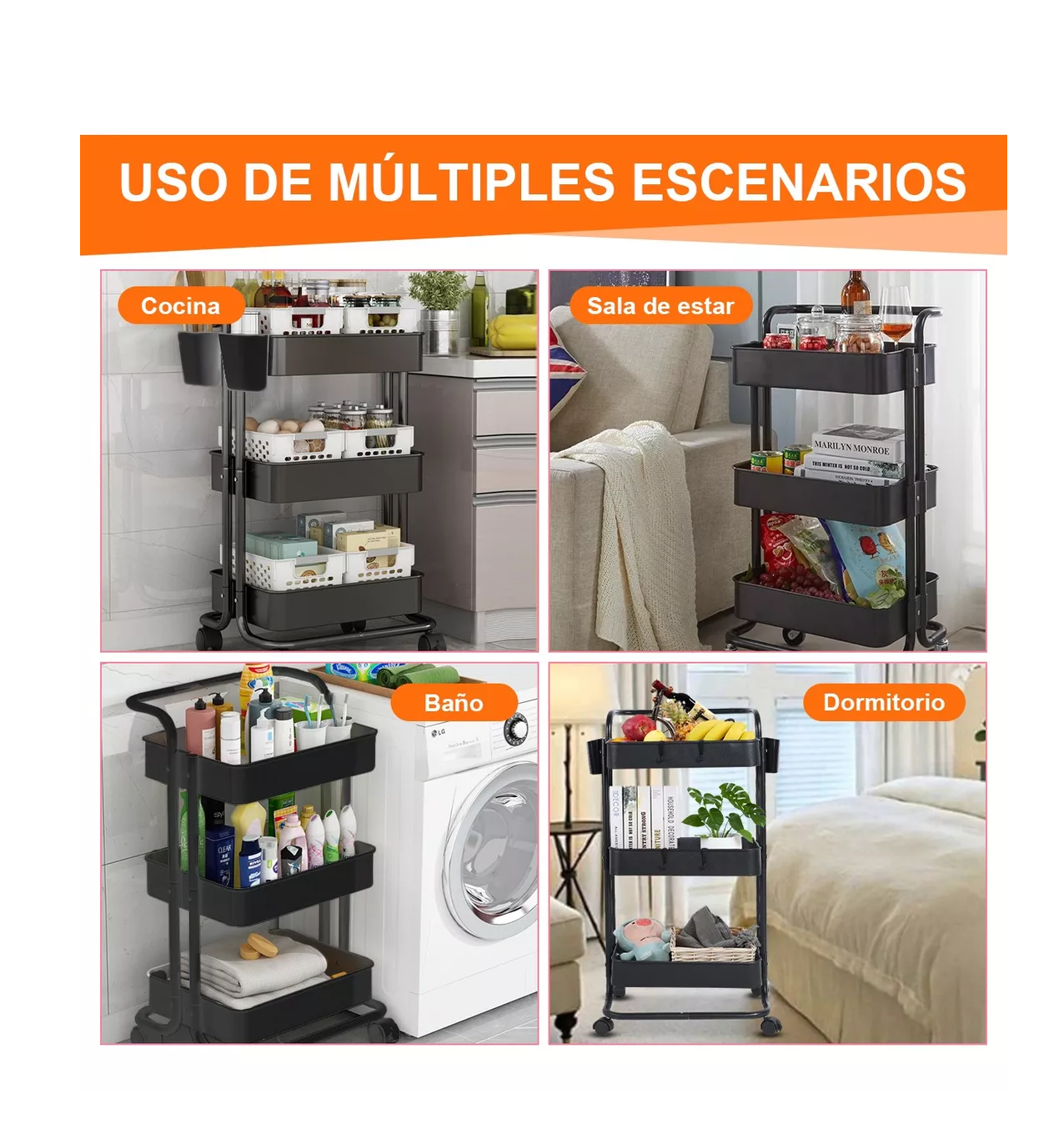 Foto 4 pulgar | Carrito Organizador Belug Multiusos de 3 Niveles Metálico C/Ruedas color Negro