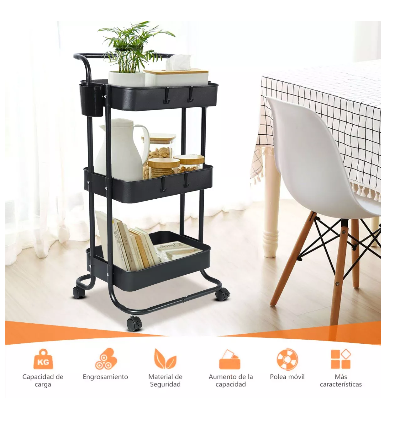 Foto 5 pulgar | Carrito Organizador Belug Multiusos de 3 Niveles Metálico C/Ruedas color Negro