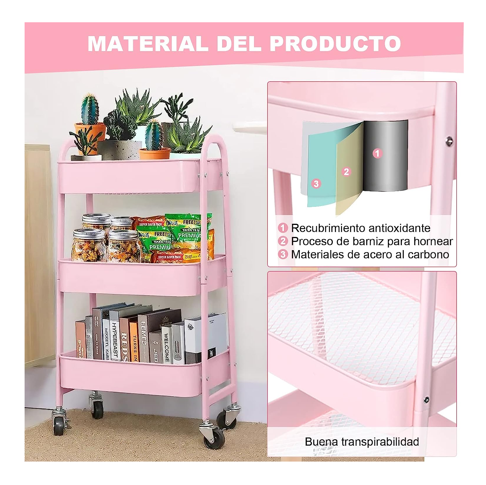 Foto 6 pulgar | Carrito Organizador Belug Rosa 3 Niveles