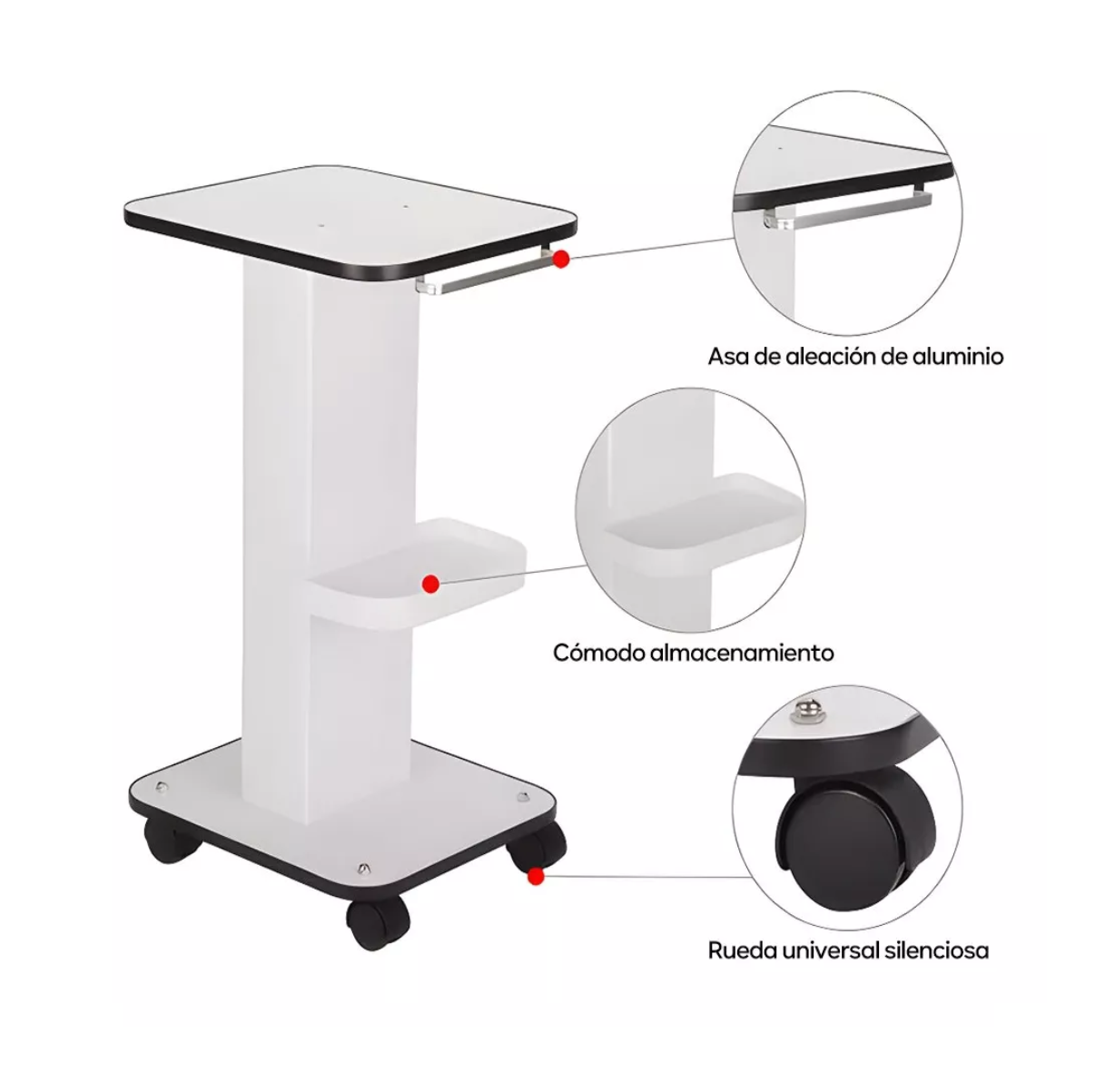 Foto 4 pulgar | Carrito de Asistencia Estética Blanco con Ruedas y Frenos Inteligentes