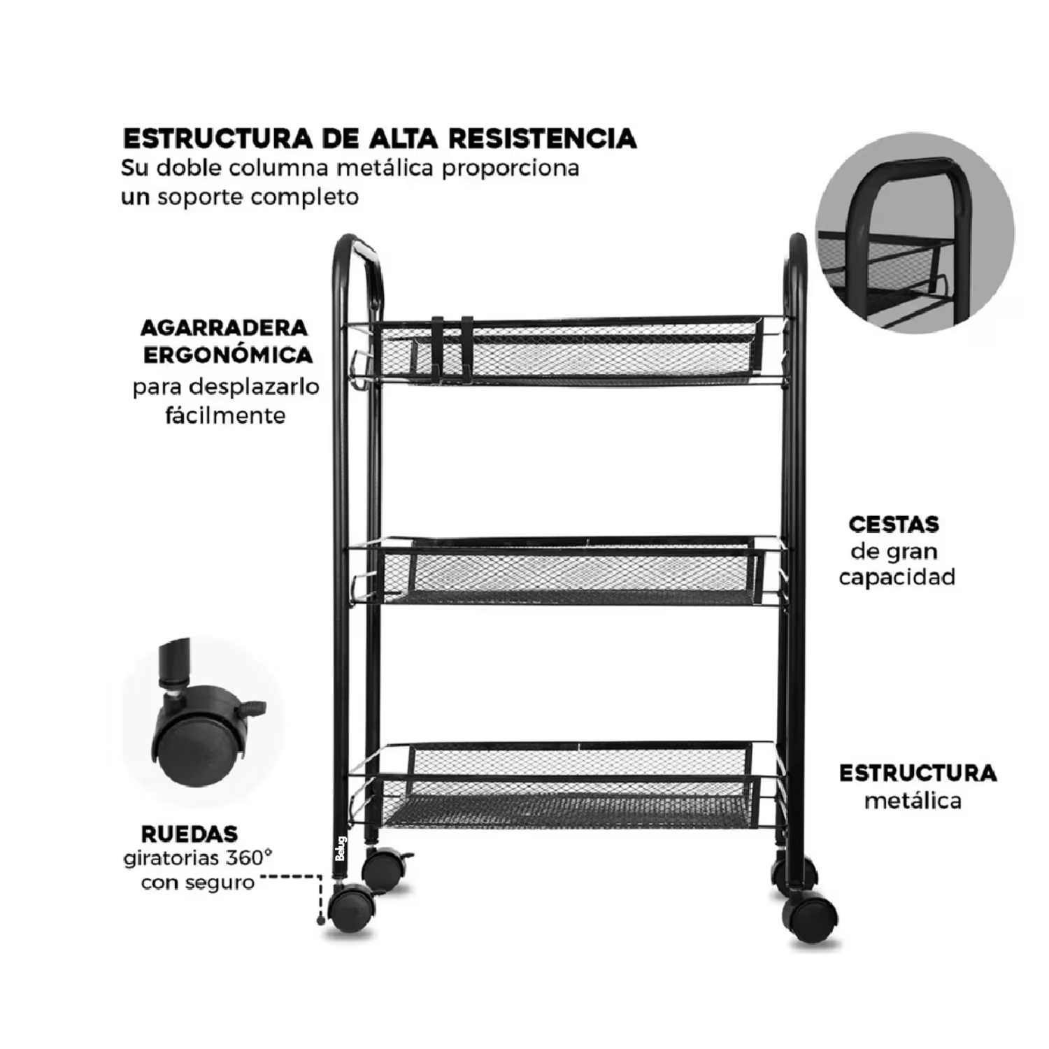 Foto 3 pulgar | Carrito Organizador Metálico SelectShop con Ruedas Multiusos 3 Niveles Negro