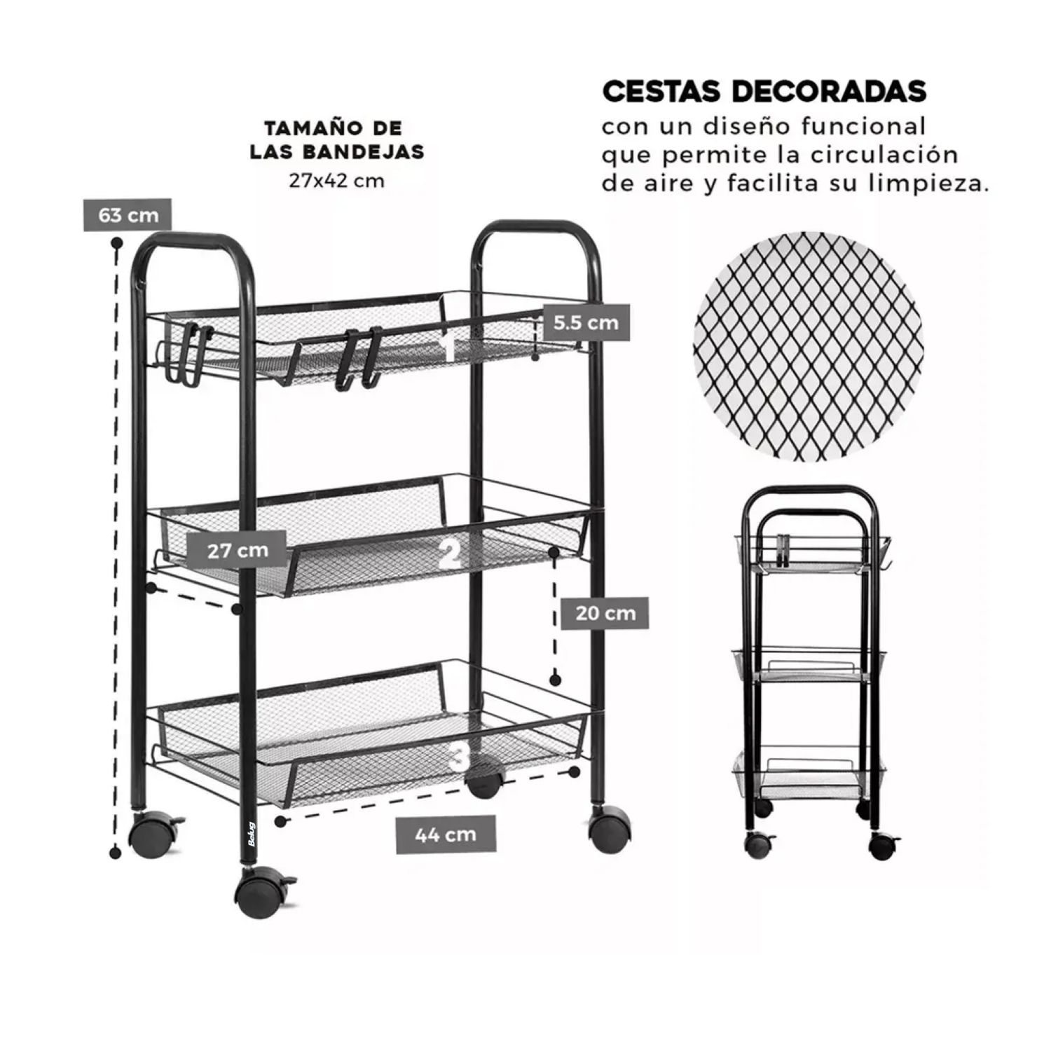 Foto 4 pulgar | Carrito Organizador Metálico SelectShop con Ruedas Multiusos 3 Niveles Negro