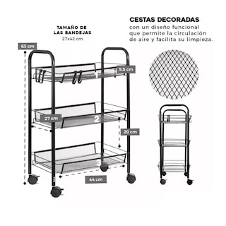 Foto 3 | Carrito Organizador Metálico SelectShop con Ruedas Multiusos 3 Niveles Negro
