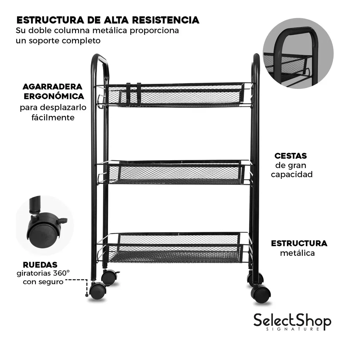 Foto 3 pulgar | Carrito Organizador SelectShop Negro Metálico con Ruedas Multiusos 3 Niveles
