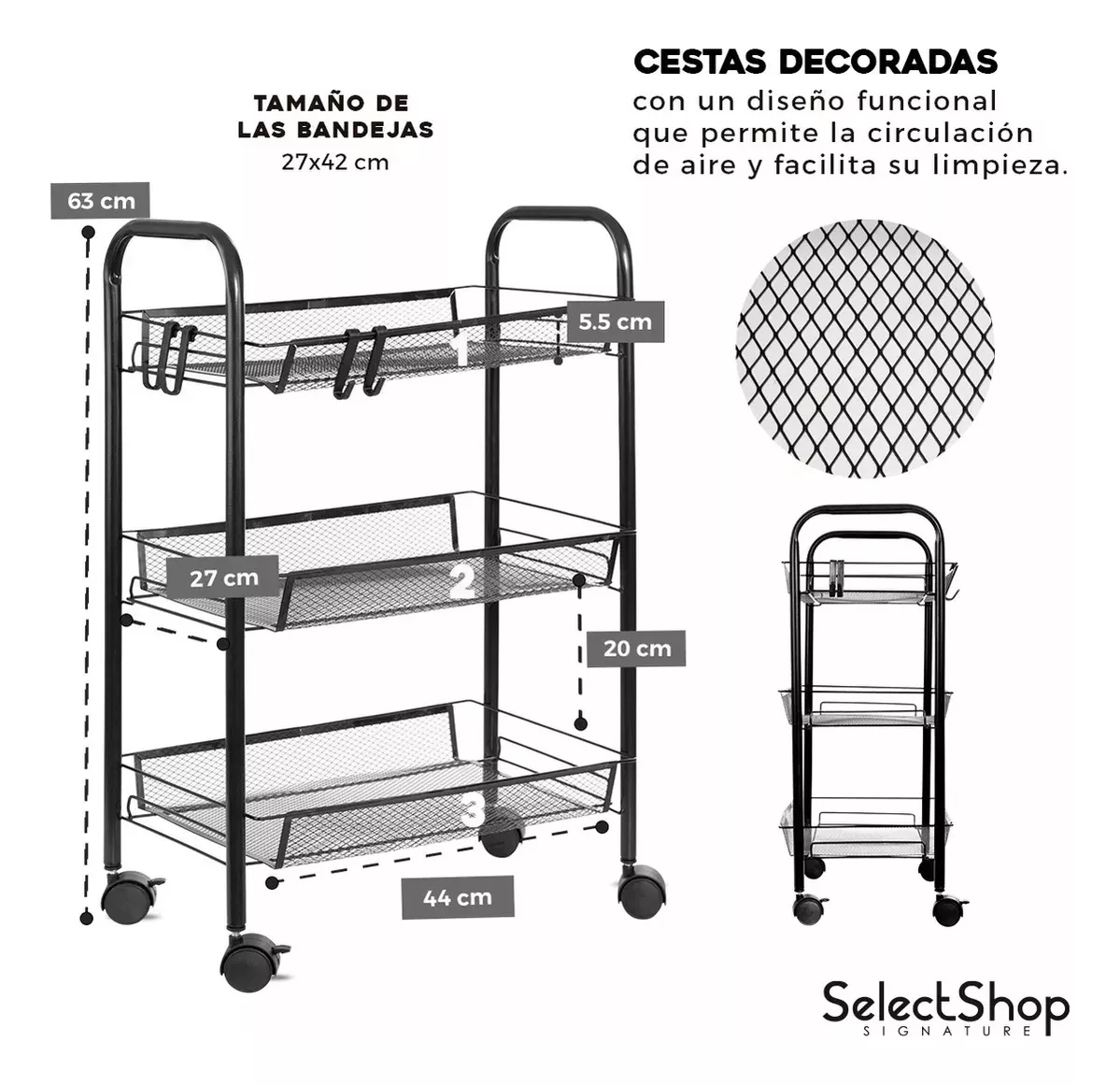 Foto 4 pulgar | Carrito Organizador SelectShop Negro Metálico con Ruedas Multiusos 3 Niveles