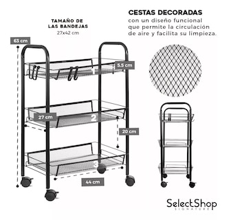 Foto 3 | Carrito Organizador SelectShop Negro Metálico con Ruedas Multiusos 3 Niveles