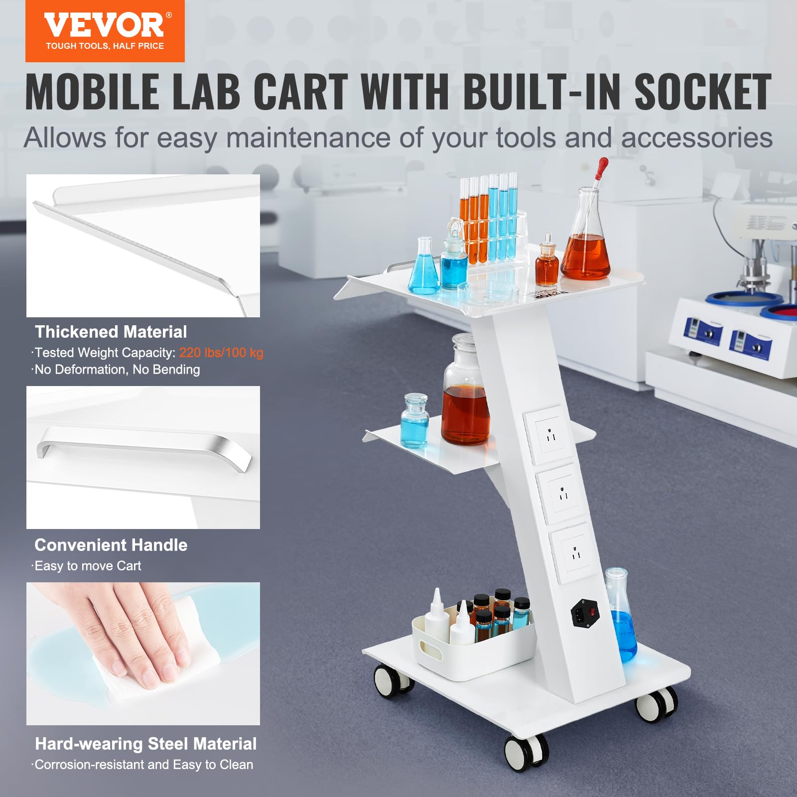 Foto 2 | Carrito Rodante Lab Trolley Vevor De 3 Capas Con Enchufe De 100 Kg De Capacidad - Venta Internacional.