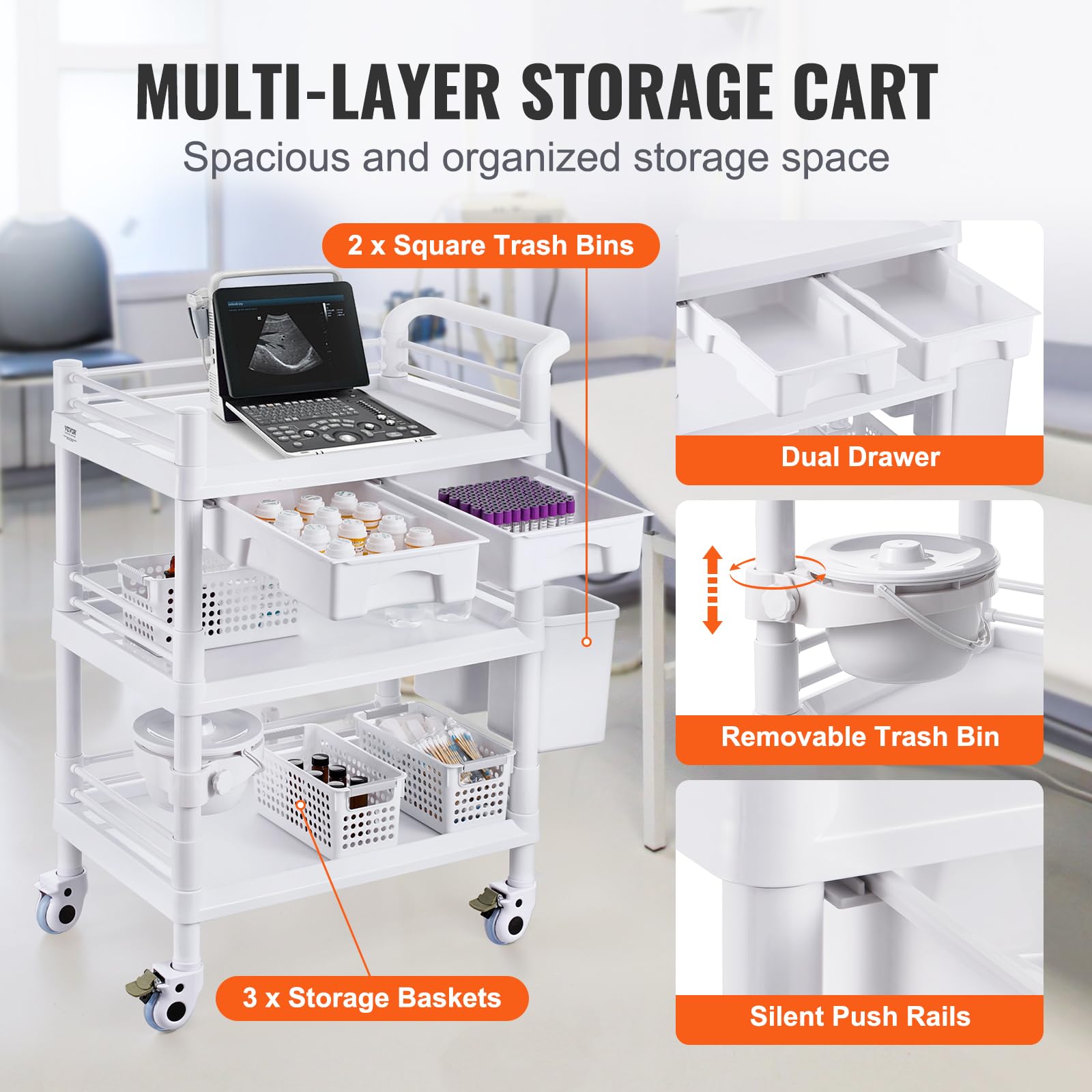 Foto 5 | Carrito Móvil Médico Vevor Con 2 Cajones Y 3 Papeleras C - Venta Internacional.
