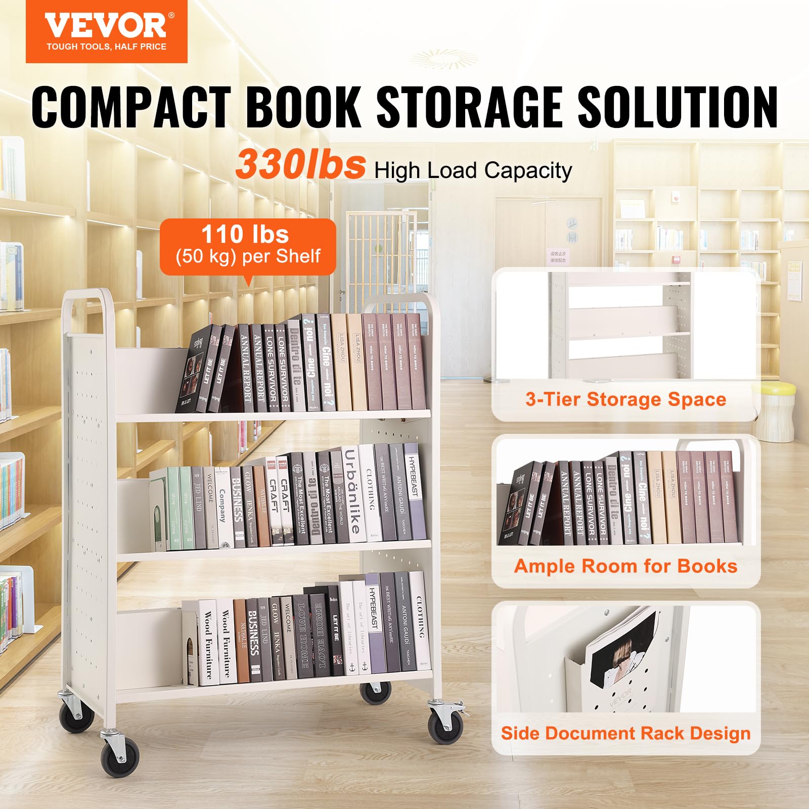 Foto 2 | Carrito De Biblioteca Blanco Enrollable Book Cart Vevor Con Capacidad Para 150 Kg - Venta Internacional.