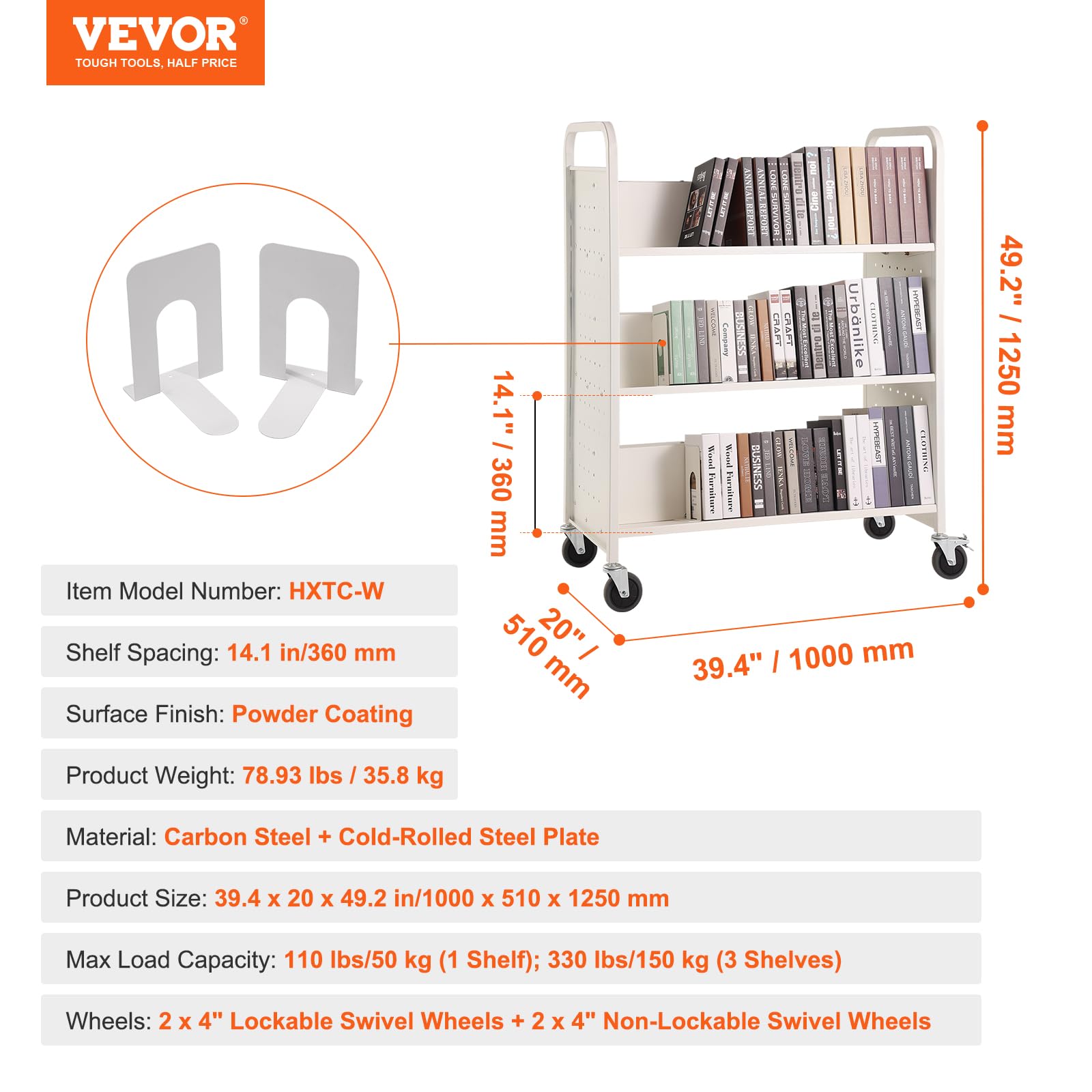 Foto 7 | Carrito De Biblioteca Blanco Enrollable Book Cart Vevor Con Capacidad Para 150 Kg - Venta Internacional.