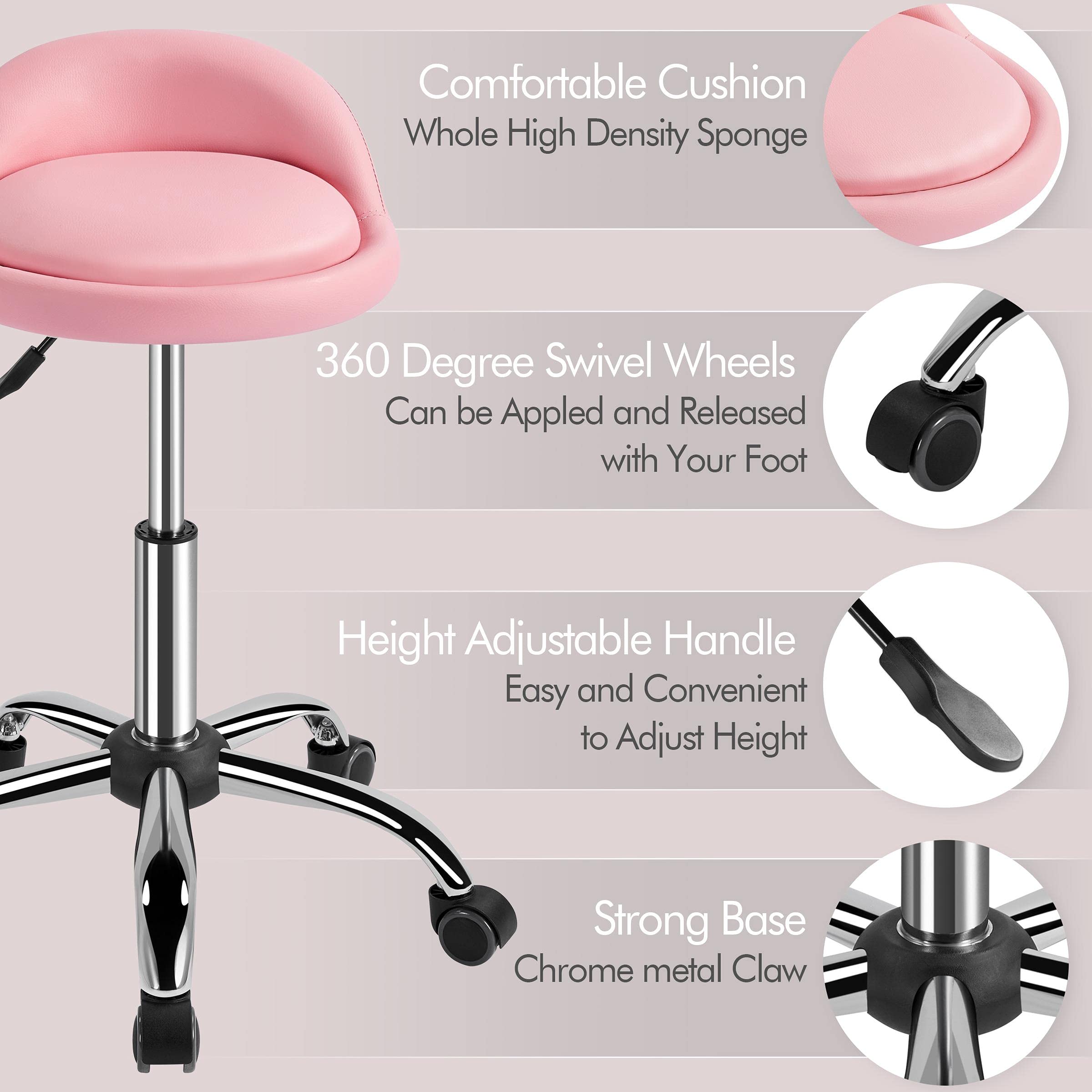 Foto 4 pulgar | Taburete De Salón Yaheetech, Altura Ajustable Con Respaldo, Color Rosa - Venta Internacional.