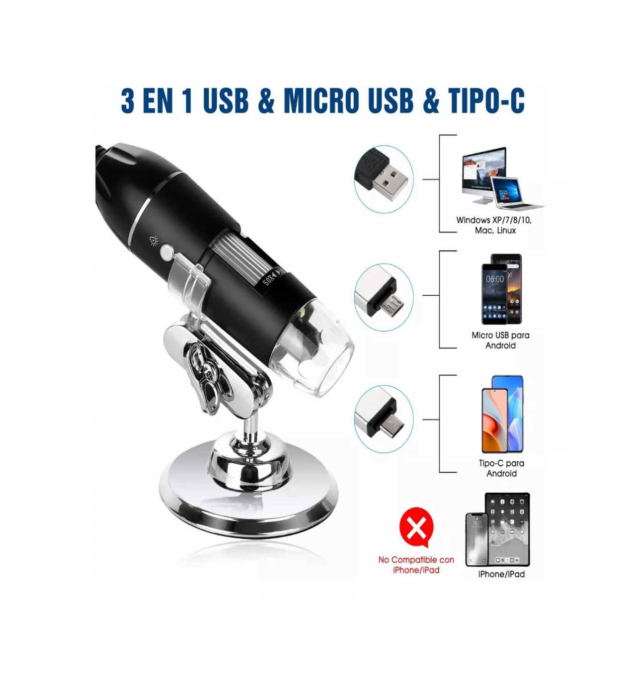 Foto 4 pulgar | Microscopio Digital Belug 3 en 1 Usb 1600x Zoom Óptico Hd 8 Leds Negro