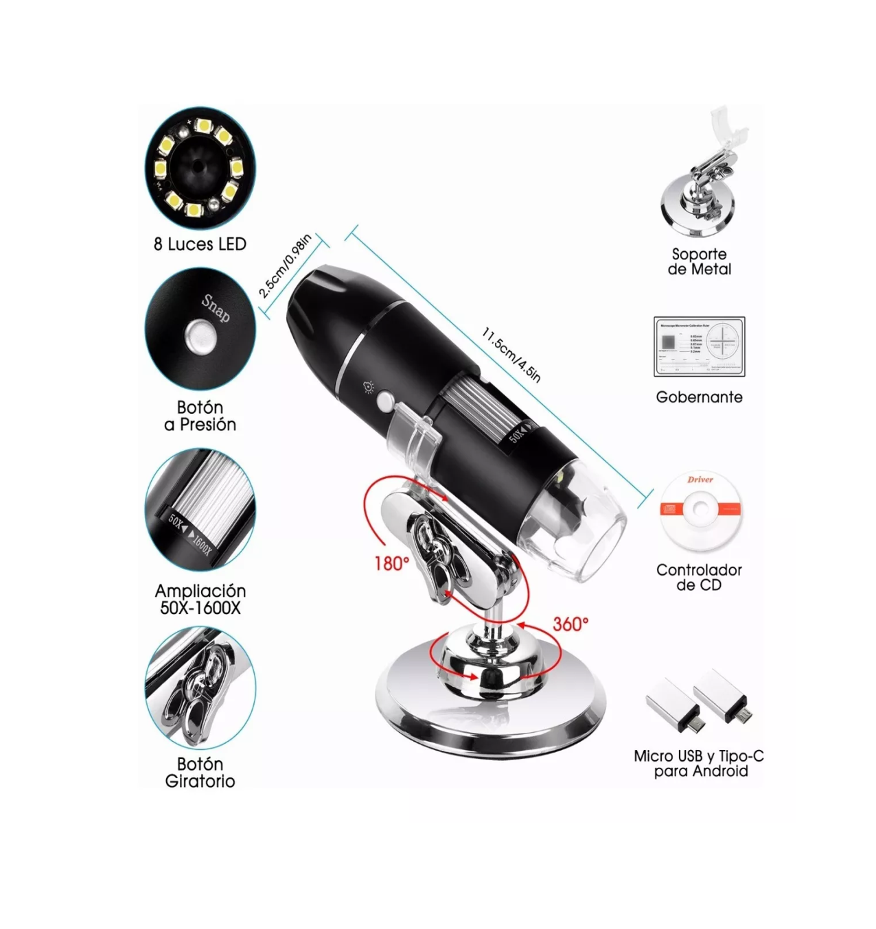 Foto 4 | Microscopio Digital Belug 3 en 1 Usb 1600x Zoom Óptico Hd 8 Leds Negro