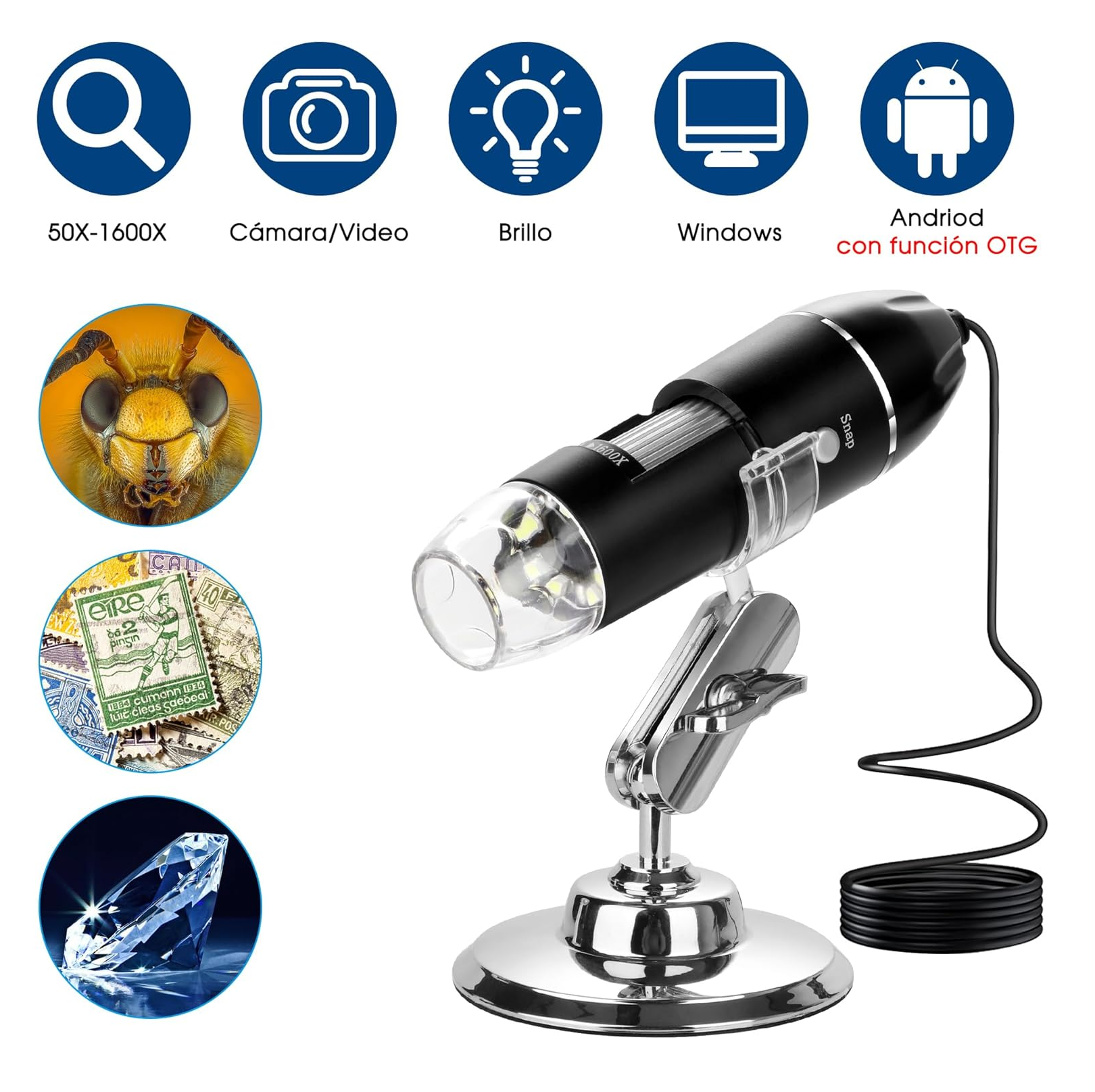 Foto 2 | Microscopio Usb Digital 1600x Zoom Optico 8 Leds Android Win Color Negro