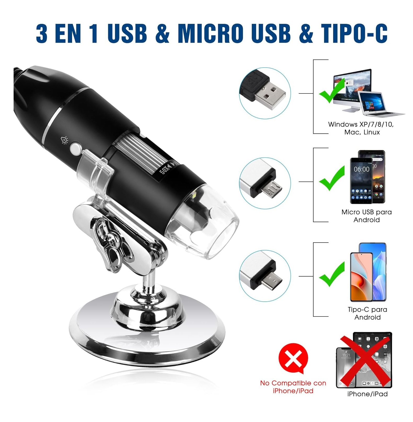 Foto 6 pulgar | Microscopio Usb Digital 1600x Zoom Optico 8 Leds Android Win Color Negro