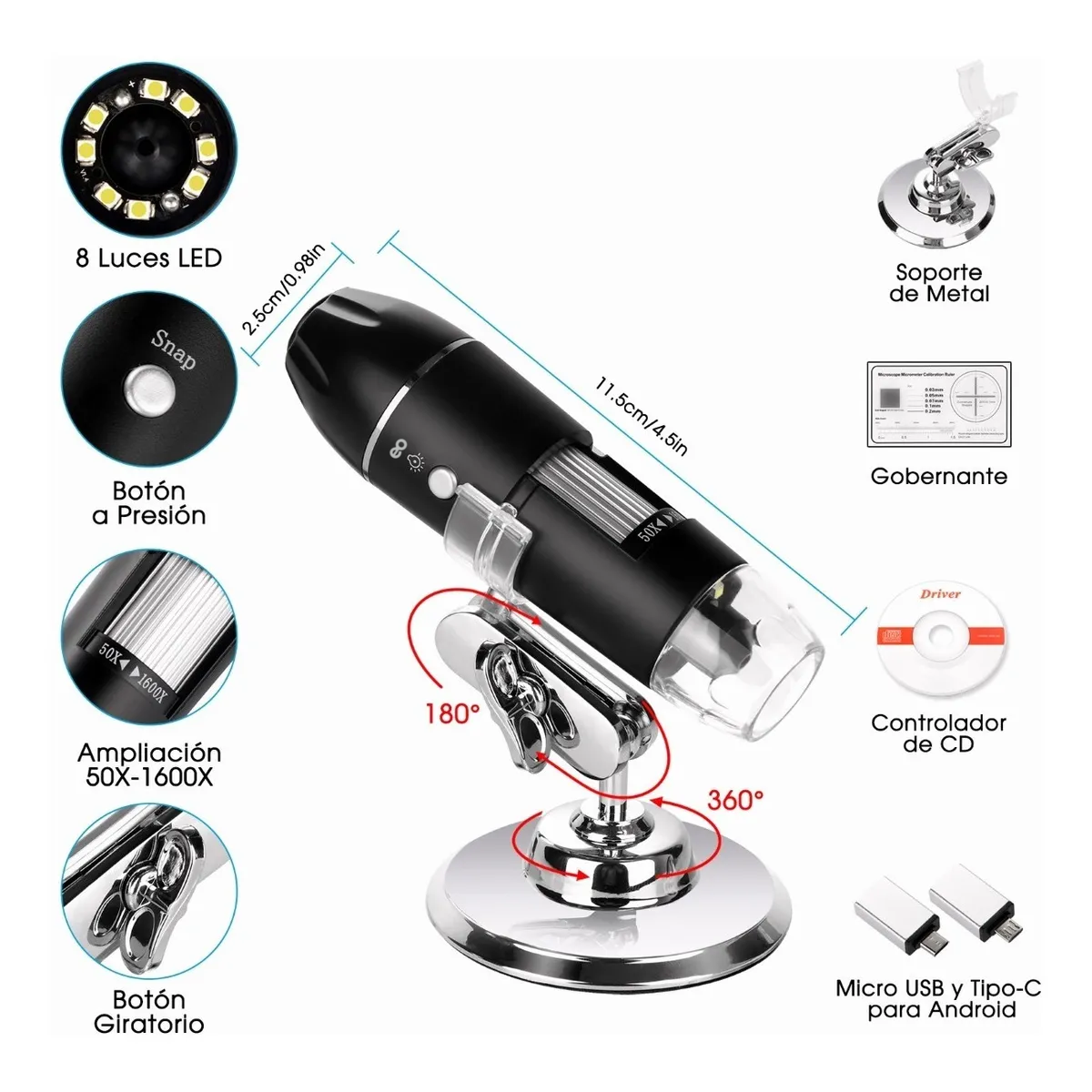 Foto 4 pulgar | Microscopio Digital Usb 1600x Zoom Optico Hd 8 Leds Eo Safe Imports Esi-1793-1 Color Negro