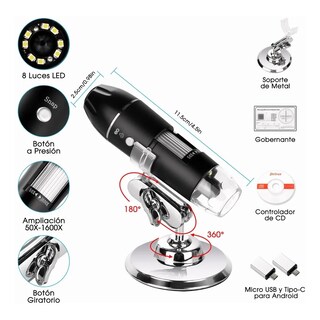 Foto 3 | Microscopio Digital Usb 1600x Zoom Optico Hd 8 Leds Eo Safe Imports Esi-1793-1 Color Negro