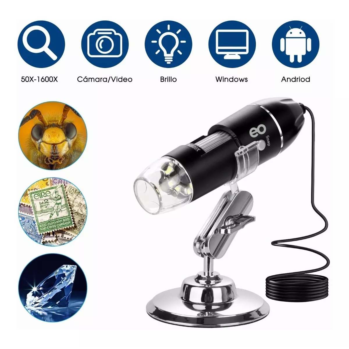 Foto 3 pulgar | 3 En 1 Microscopio Digital Usb 1600x Zoom Optico Hd 8 Leds Eo Safe Imports Esi-3435-1 Negro
