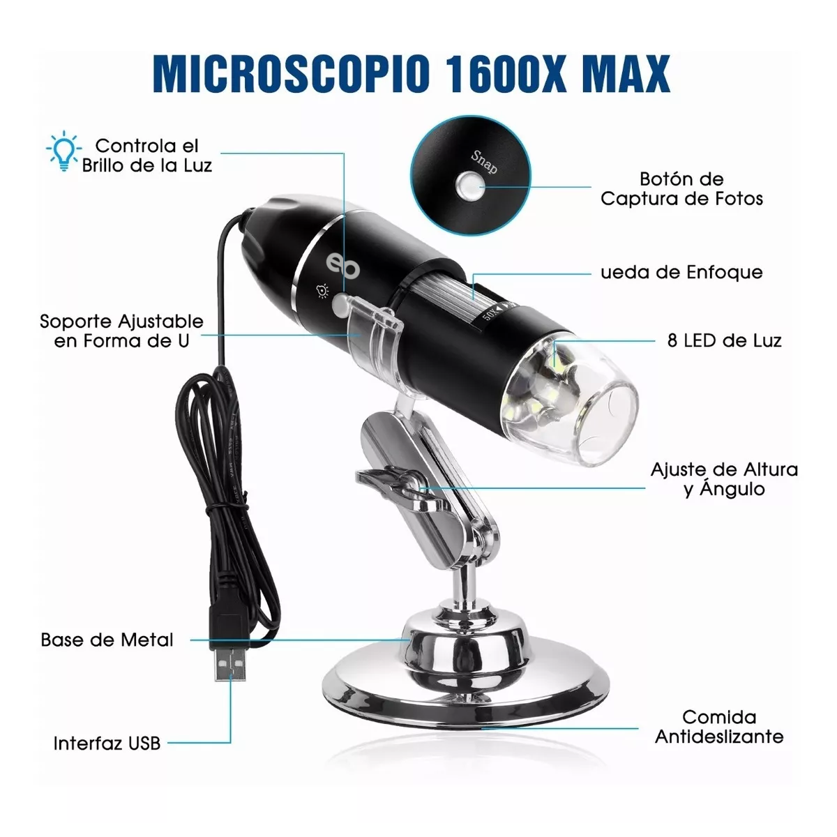 Foto 4 pulgar | 3 En 1 Microscopio Digital Usb 1600x Zoom Optico Hd 8 Leds Eo Safe Imports Esi-3435-1 Negro