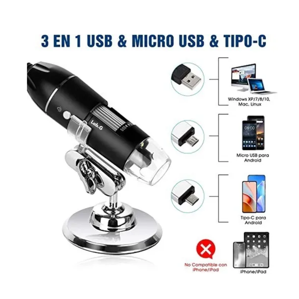 Foto 3 pulgar | Usb Microscopio Digital Lab.g 3en1 1600x 8led Con Soporte Zoom Negro