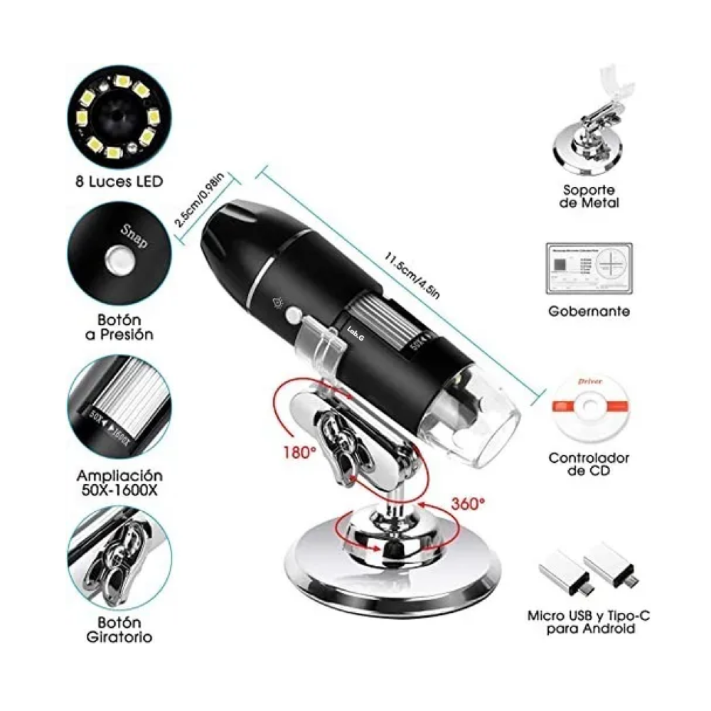 Foto 4 pulgar | Usb Microscopio Digital Lab.g 3en1 1600x 8led Con Soporte Zoom Negro