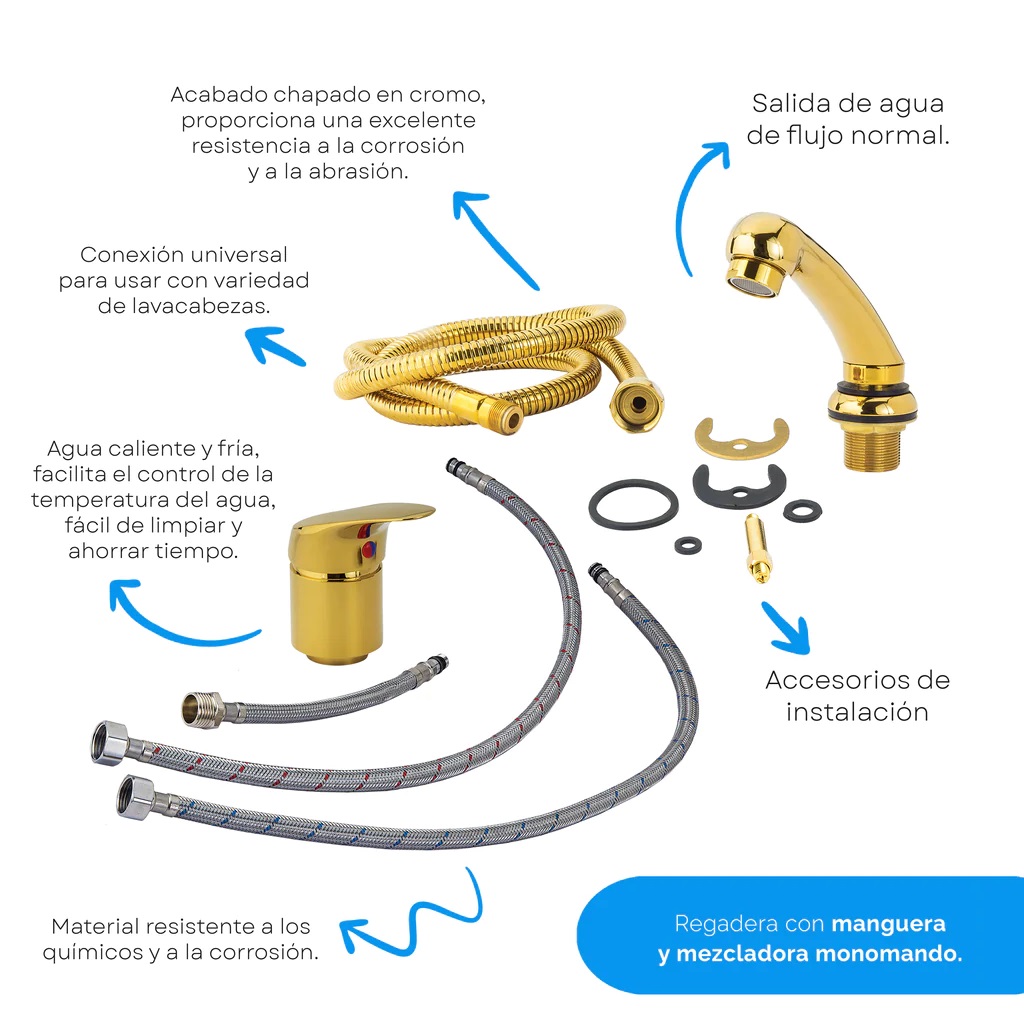 Foto 6 pulgar | Regadera Con Manguera Y Mezcladora Monomando Dorado Letmex X-601g