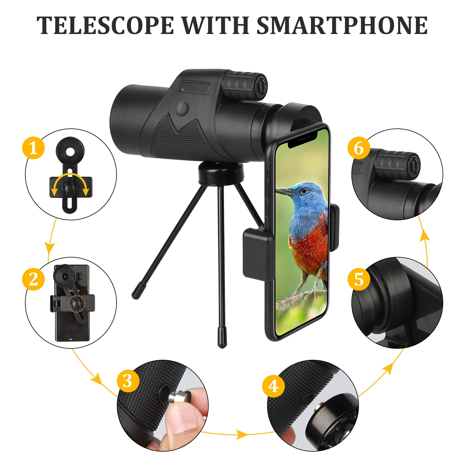 Foto 7 pulgar | Telescopio Monocular Eeekit 12x42 Con Soporte Y Trípode Para Smartphone - Venta Internacional.