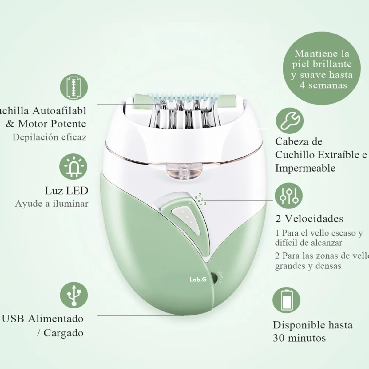 Foto 5 pulgar | Depiladora Eléctrica Portátil Con Luz Lab.g Verde