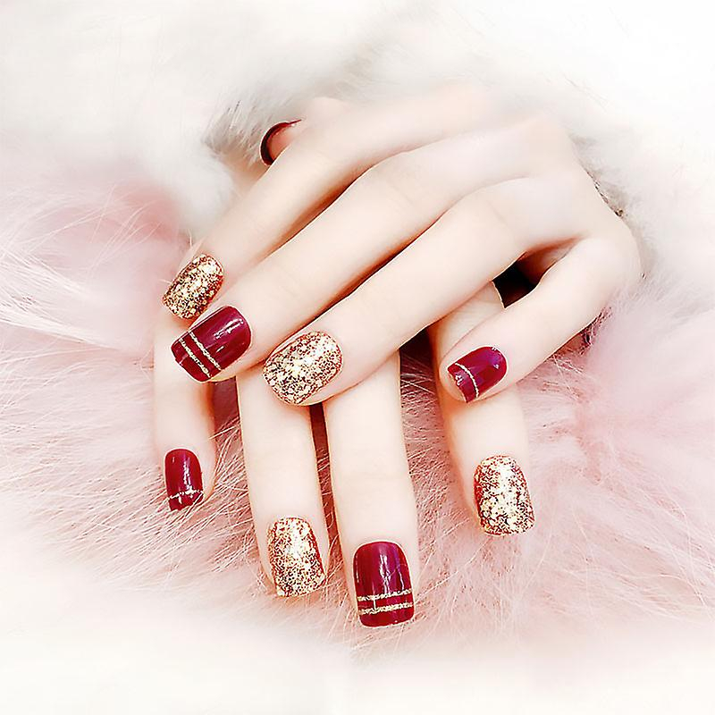 Foto 4 pulgar | Uñas Postizas Huoguo  Color Rojo Vino Con Purpurina Dorada  24 Unidades - Venta Internacional.